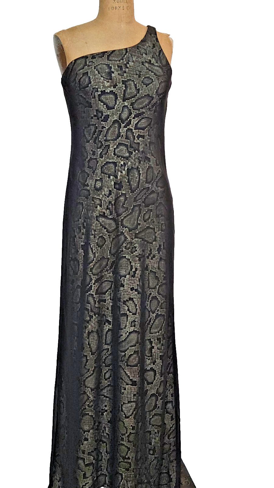 vintage 1990s one shoulder maxi snakeskin slip dress / black chiffon overlay