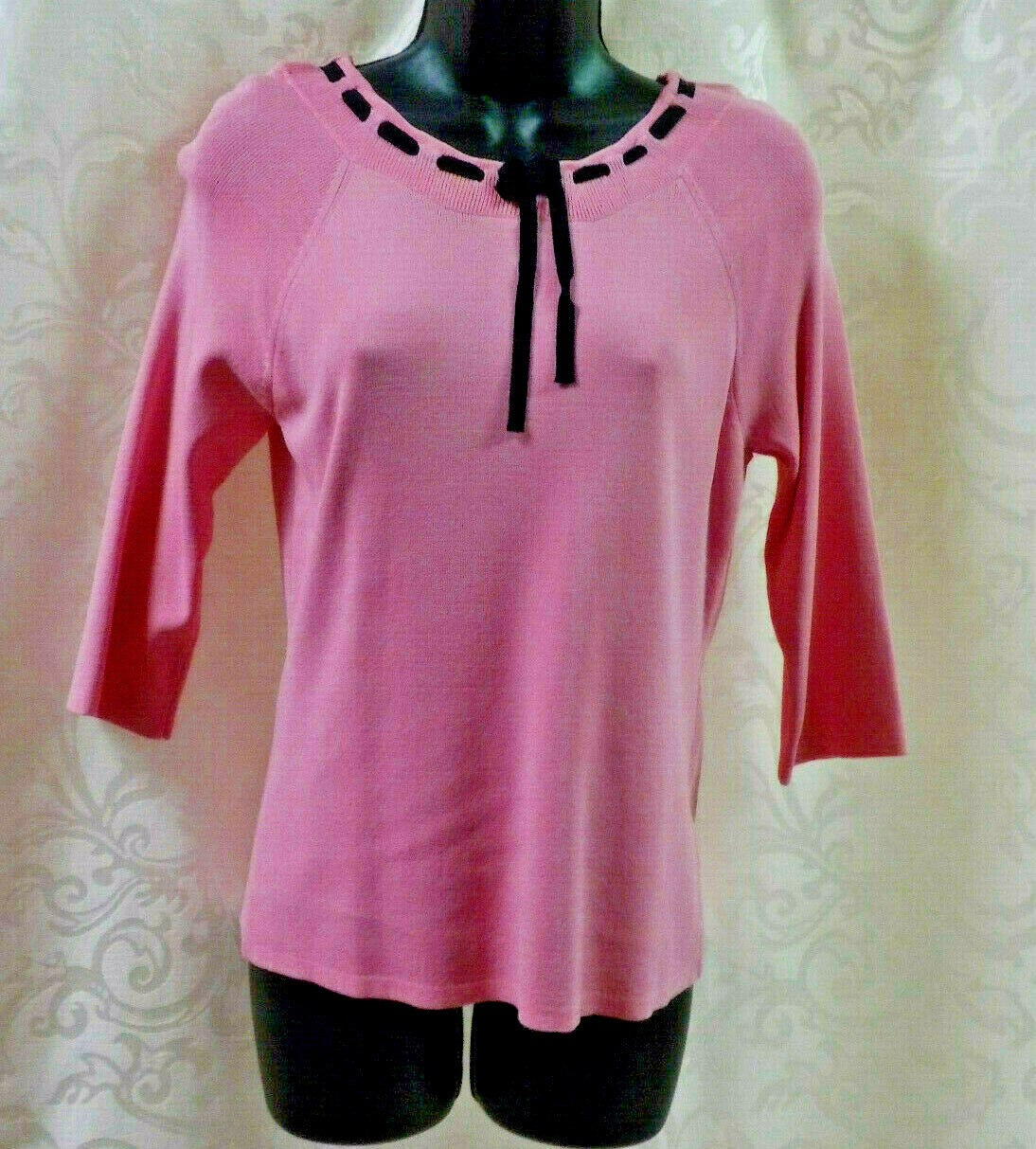 Vintage Joseph A. 1990’s Top Size M Pink Black Ribbon Trim 3/4 Sleeve Viscose Bl