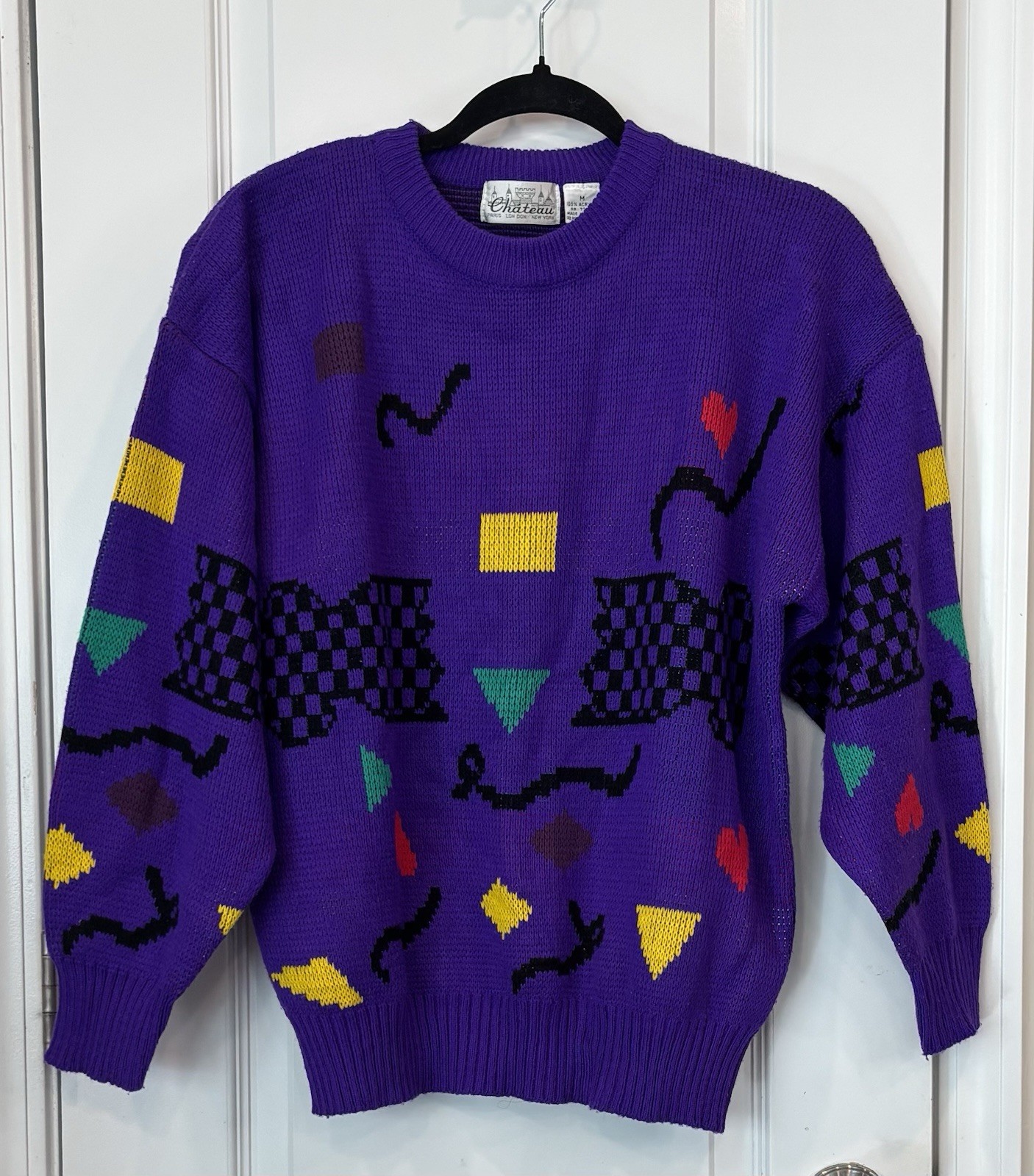 Vintage 80s Chateau Sweater M Purple Abstract Geometric Novelty Knit Colorblock