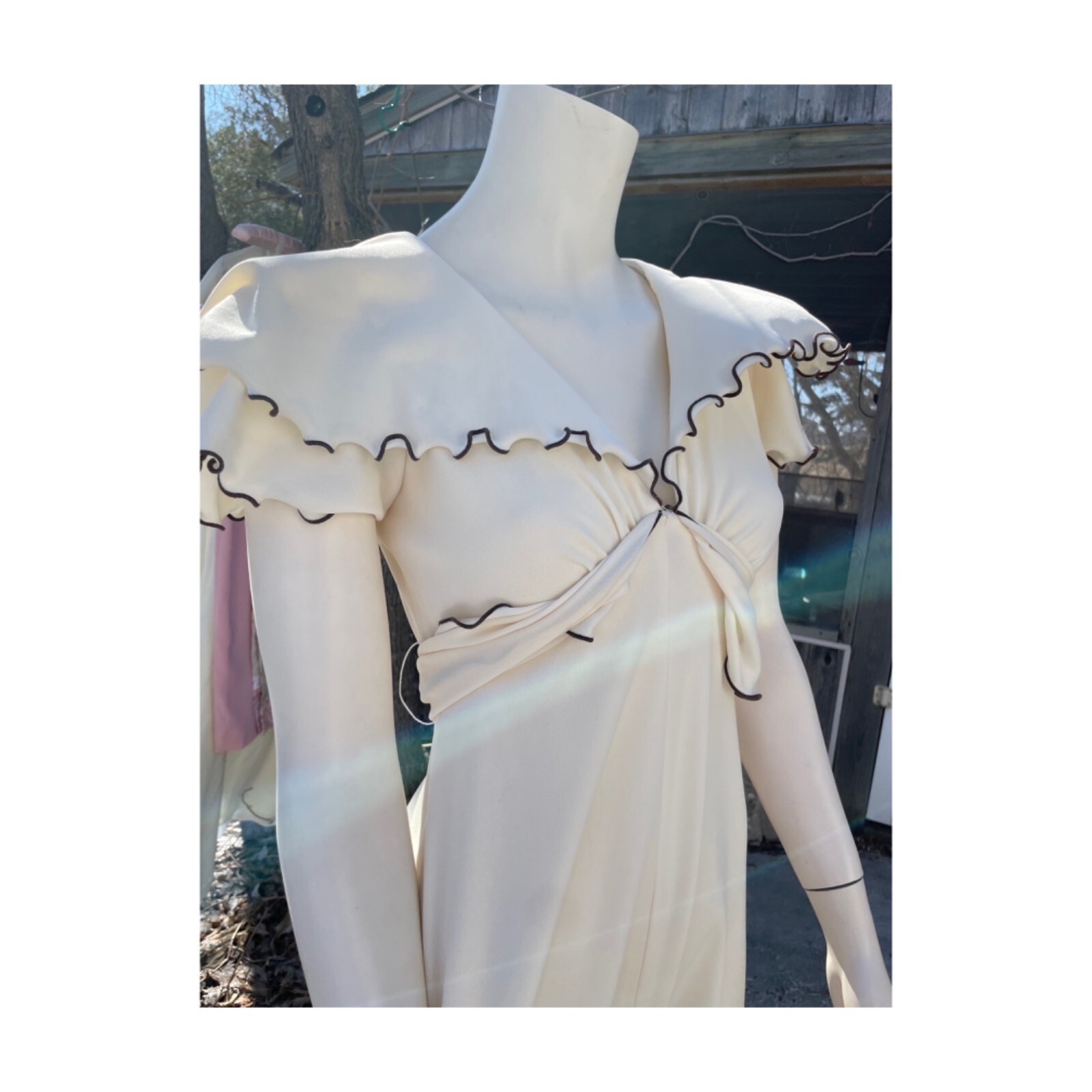 70s Ivory Maxi Dress Brown Ruffle Trim V Neck Cap Sleeve Wide Collar Wide Sash