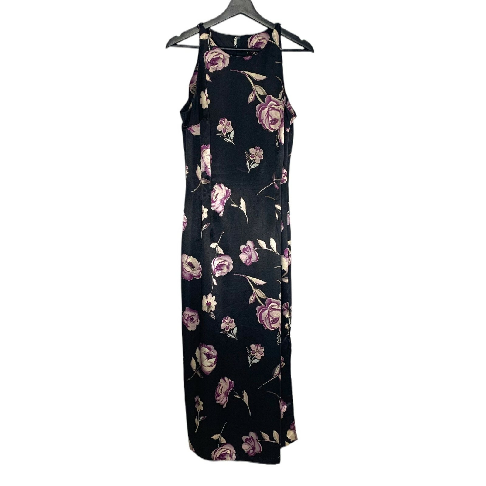 Vintage California Concepts Satin Purple Floral Sleeveless Dress Large