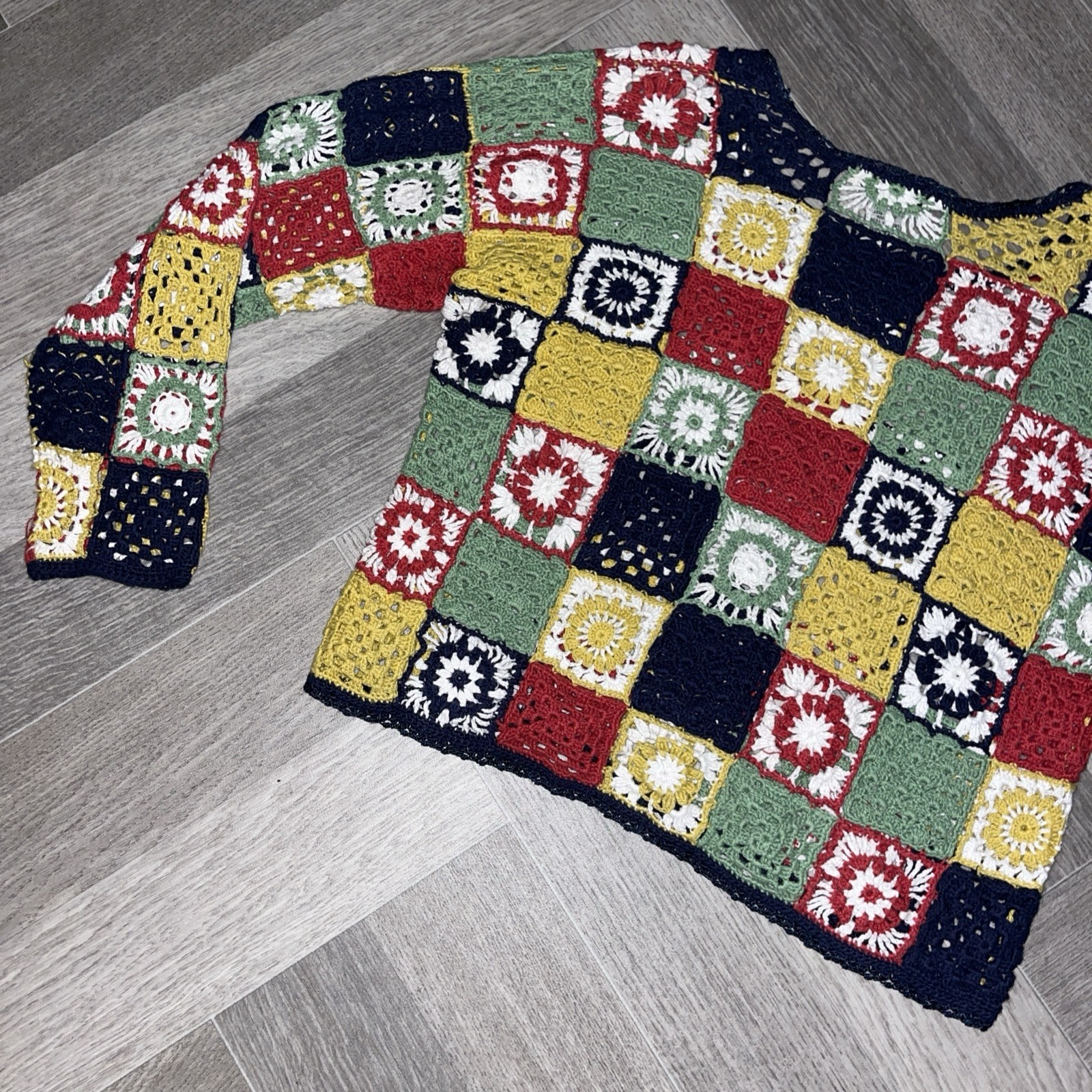 Papillon Los Angeles Crochet Granny Square Long Sleeve Top Vintage Multi Sz Med
