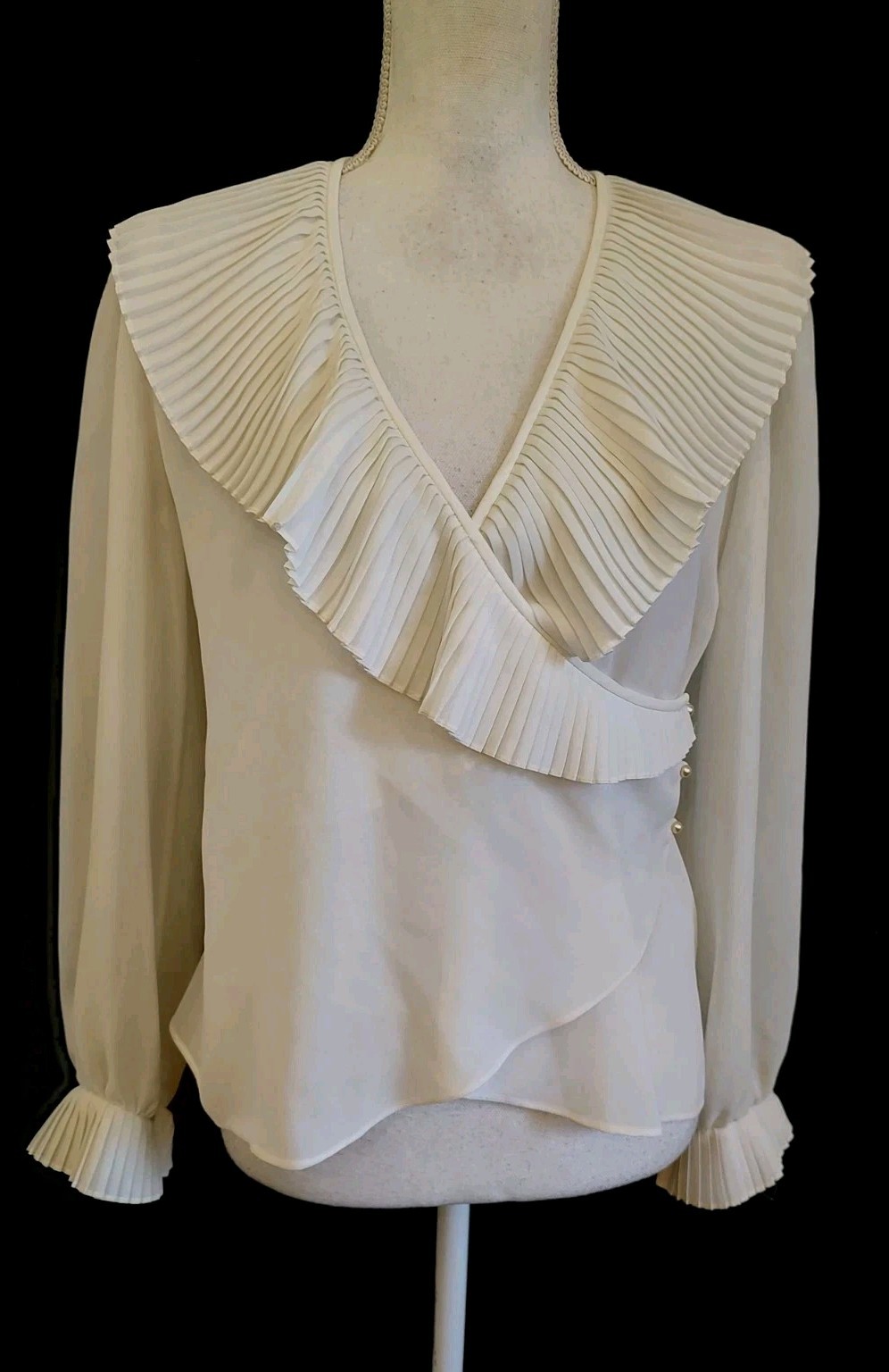 Vintage 70’s B Altman Top Wrap Blouse Sheer White Crepe Pleat Ruffle Poet Sz L