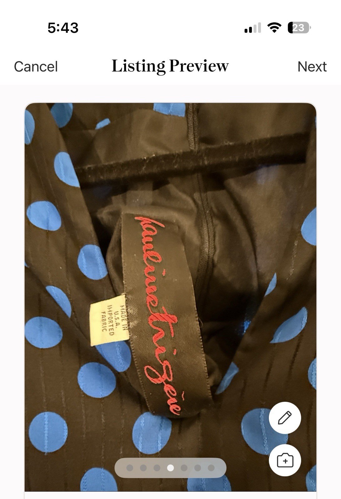 Vintage Pauline Trigere Women’s Black With Blue Polkadot Long Sleeve Dress 8/10