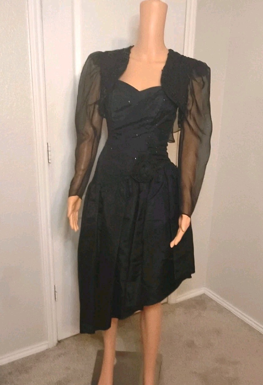 Vintage 80’s Black Glam Party Dress Size XS Formal Dance Goth Assymmetric -DP14