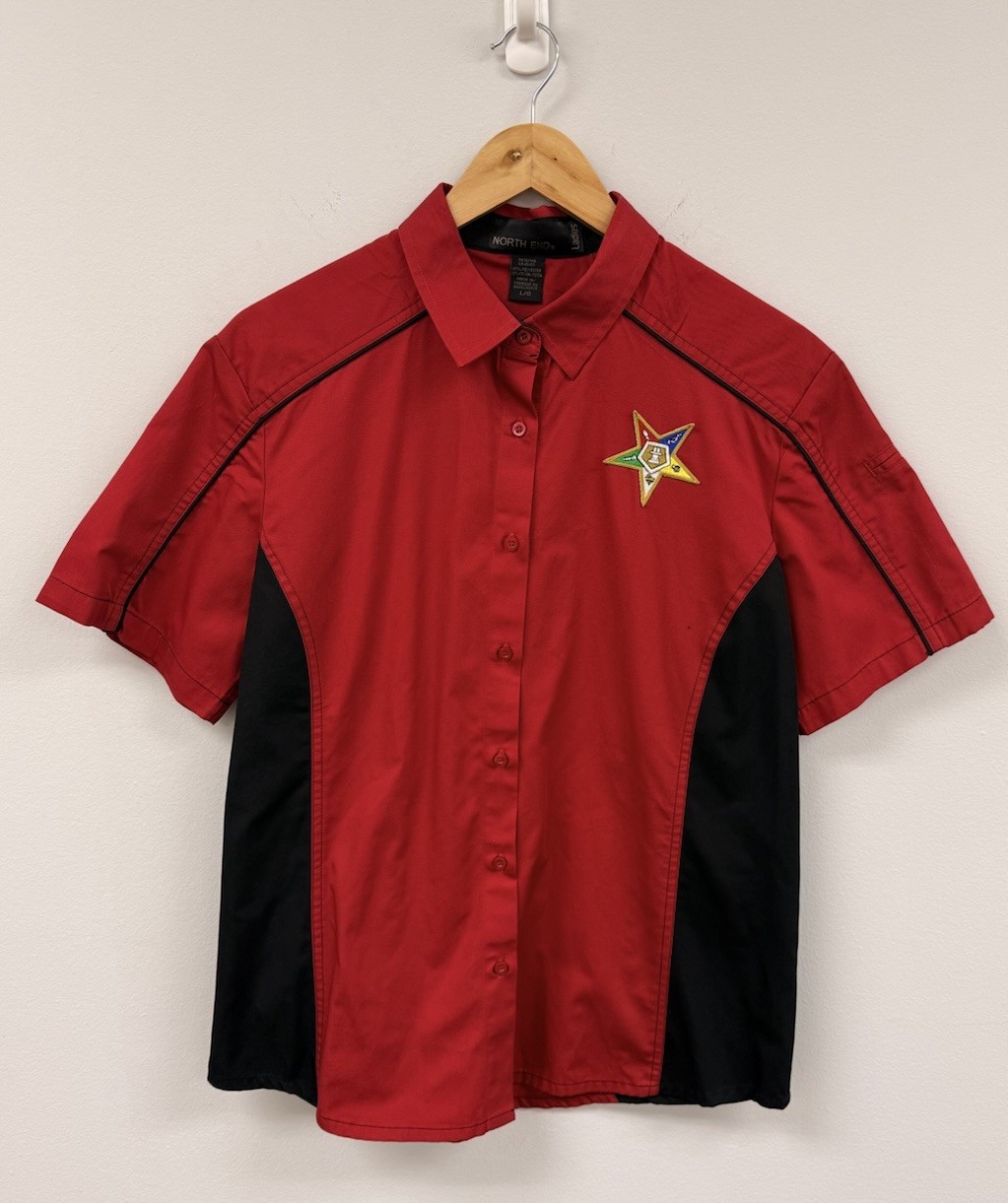 Vintage Style Bowling Shirt Red Black OES Eastern Star Patch North End L