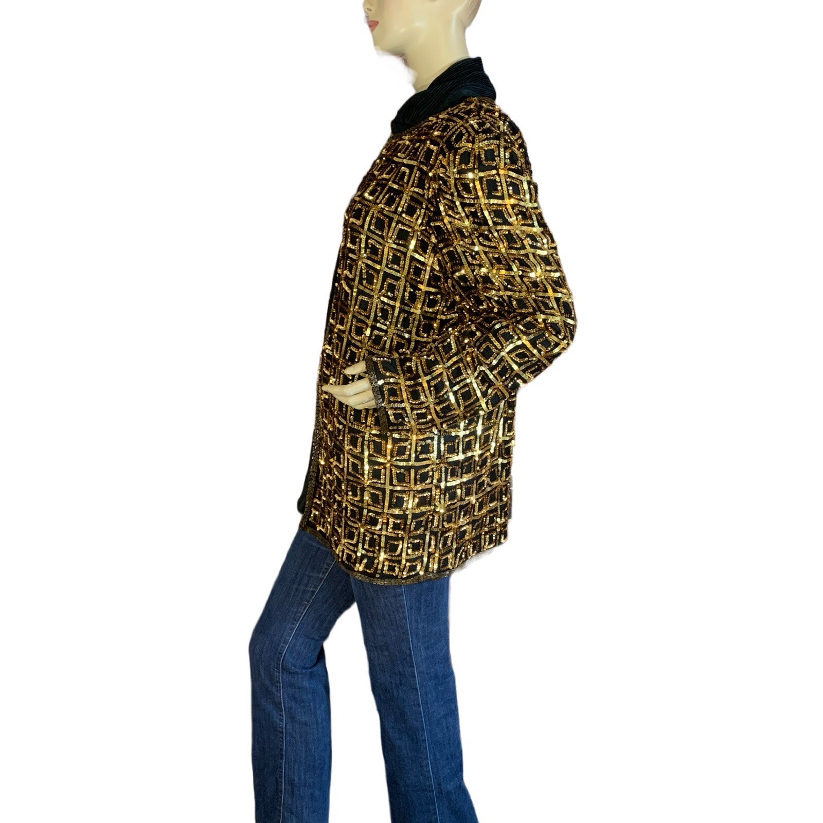 VINTAGE 1980’S CARINA BLACK & GOLD SEQUINS SILK JACKET SIZE XL