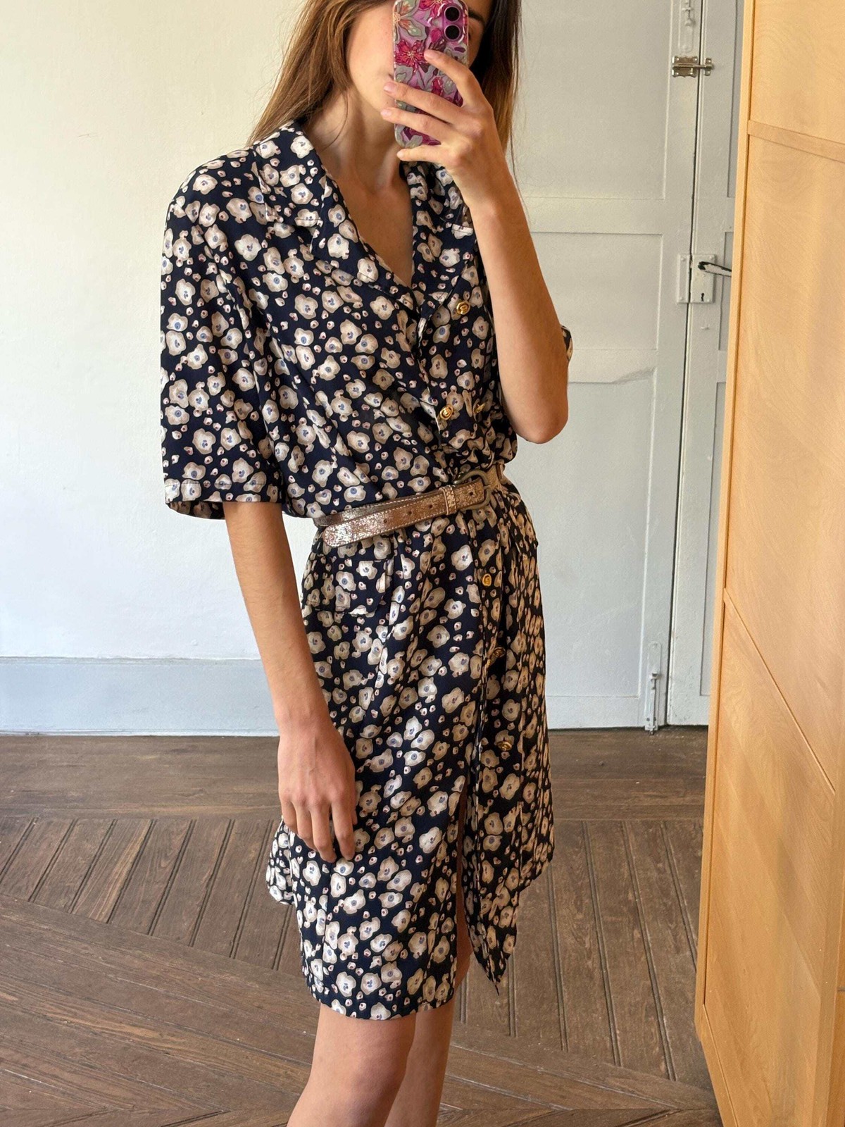 Vintage floral blue dress, Flower print housewife dress, Retro 80s woman style