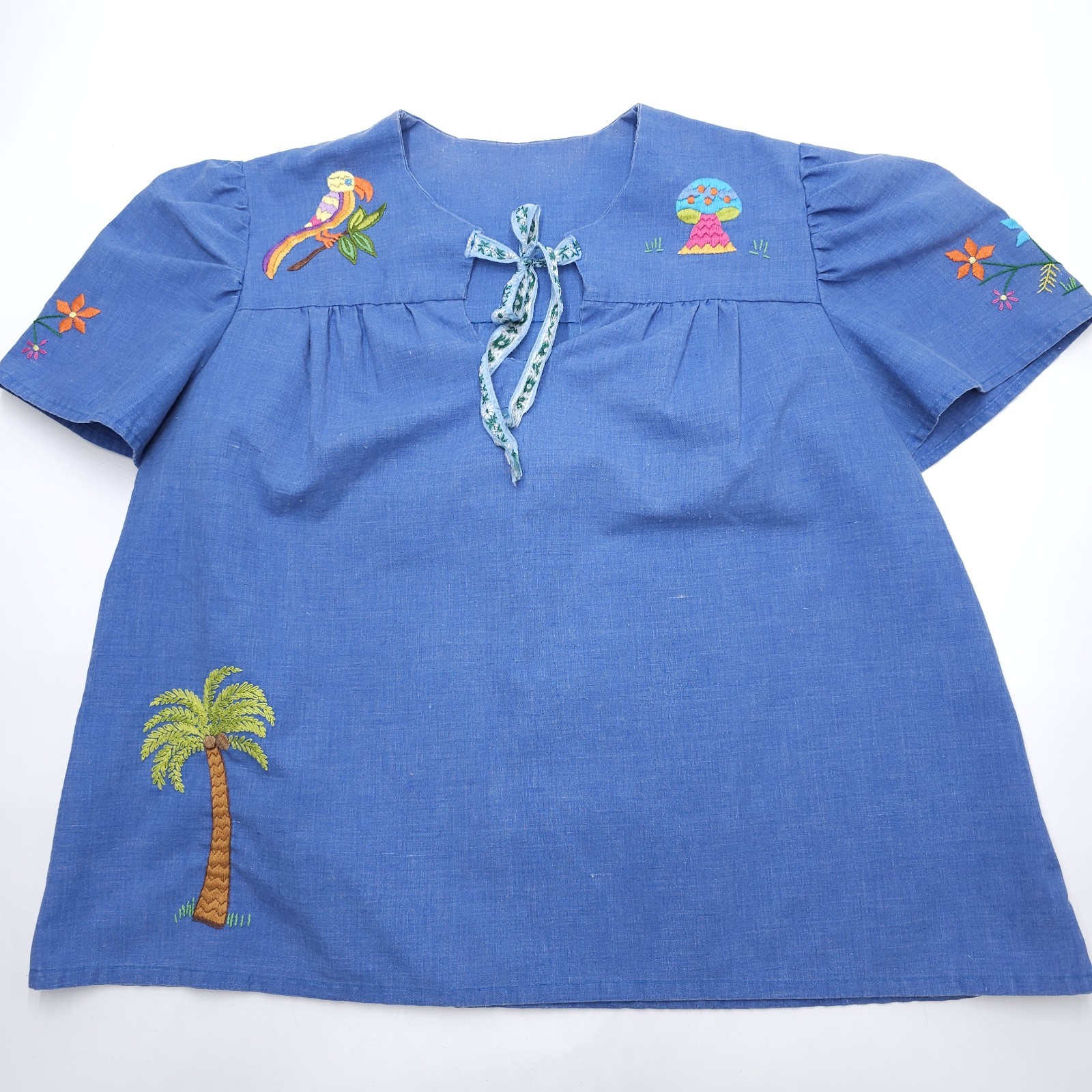 Vintage 60s Maternity Shirt Embroidered Babydoll Top Mushroom Tree Flower Bird