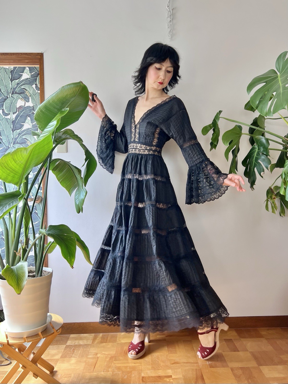 VTG 60s Mexican Wedding Dress Black Lace Pintuck Bell Sleeve Maxi S/M Boho Hippy