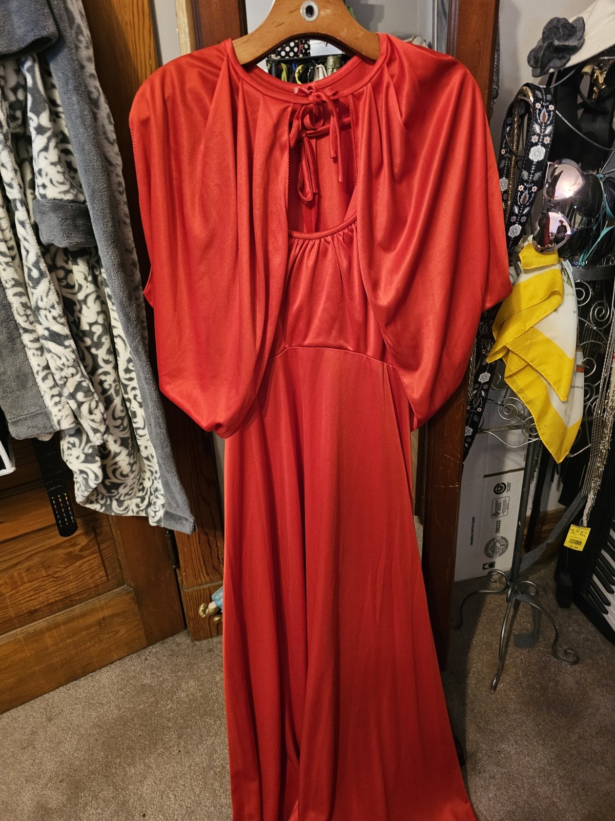 True Vintage Unbranded 1970s Caolet Dress Long Red Disco Evening Caplet Size…