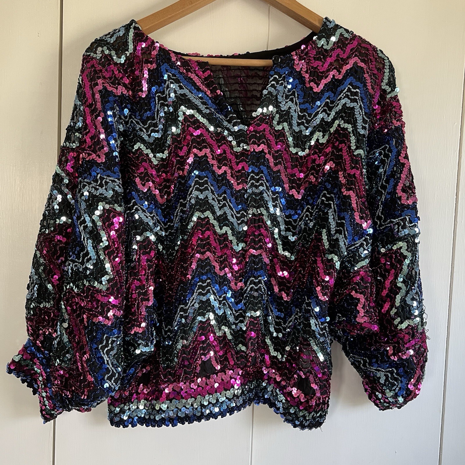 Vintage Rob Hill for Mister Jay. Sheer Beaded Sequins Dolman Disco Top Lrg