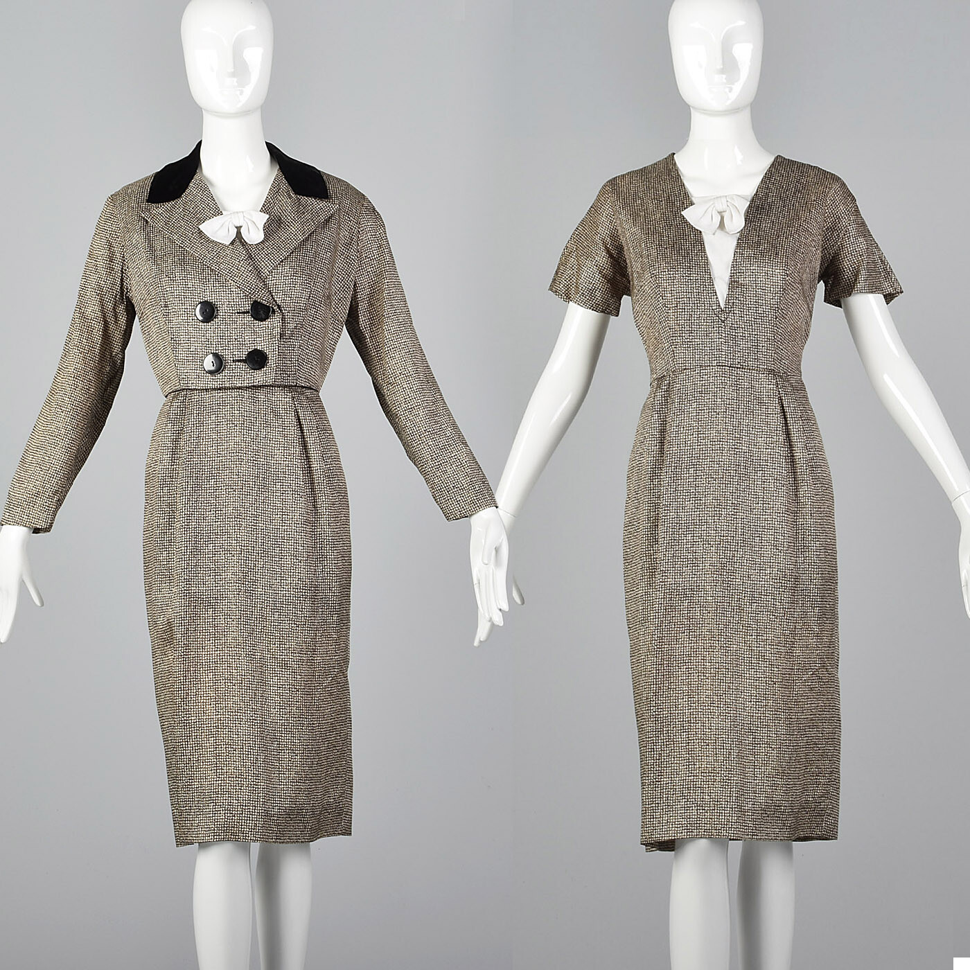 M 1950s Set Short Sleeve Pencil Dress Boxy Jacket Removable Dickie Day Wear 50s