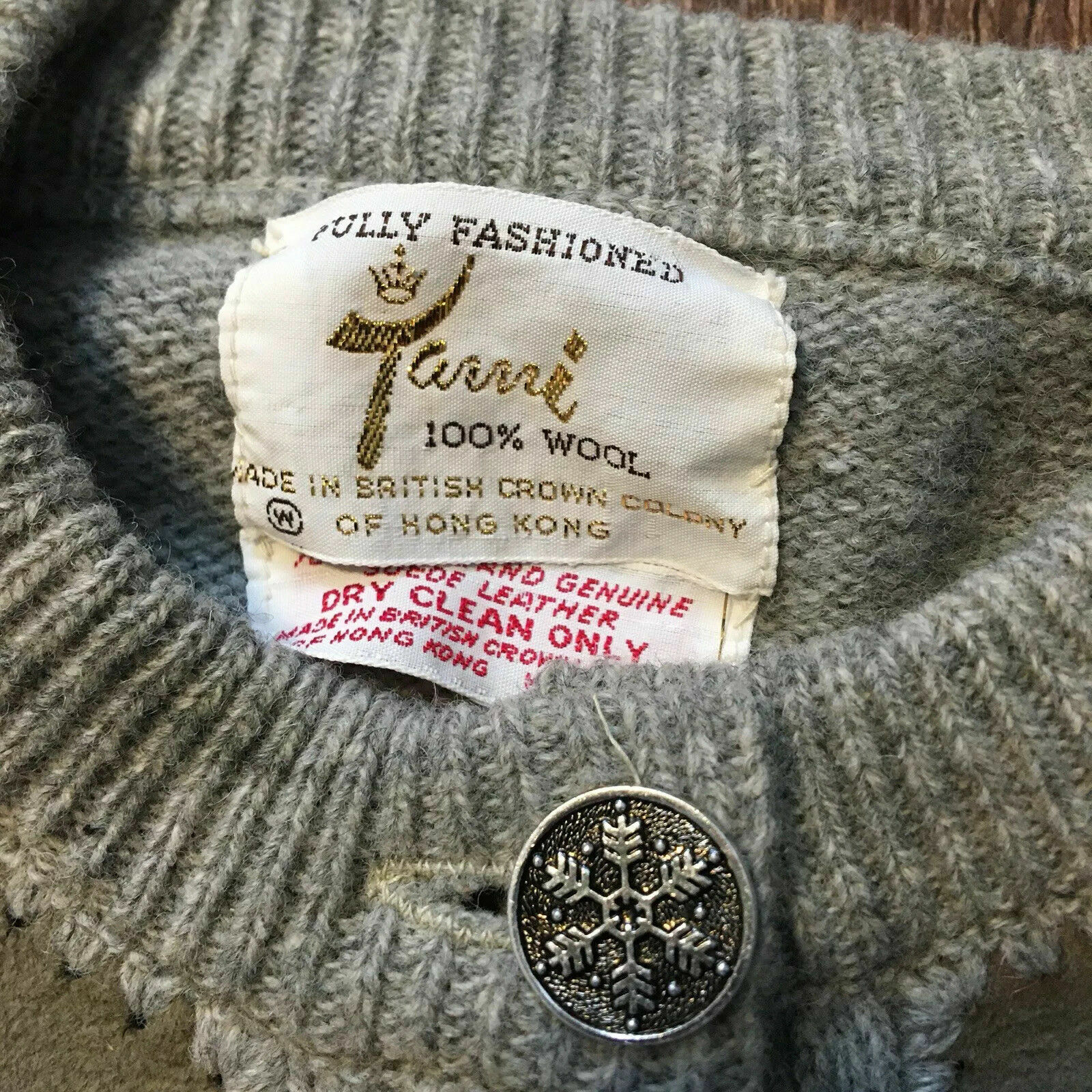 Vintage Tami 100% Wool Genuine Suede Leather Grey Tan Cardigan Sweater S Knit