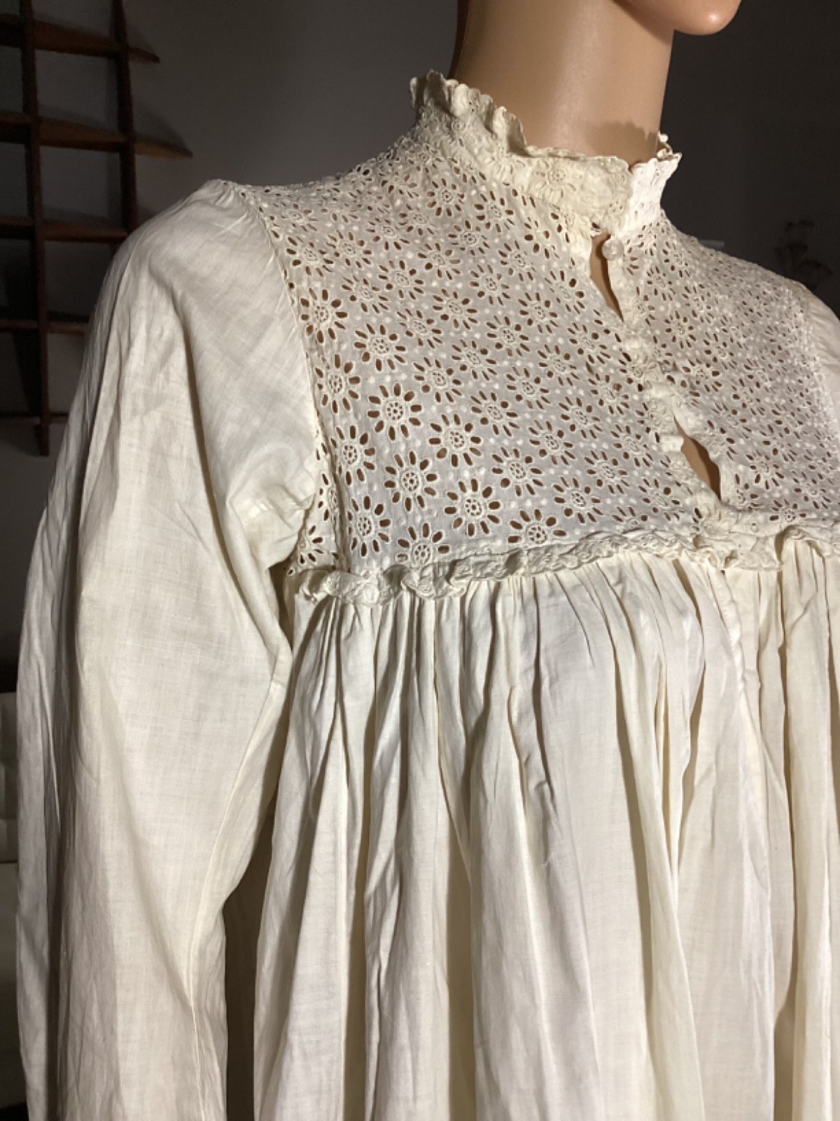 Antique Victorian Edwardian Cotton Eyelet Lace Long Nightgown Glass Buttons