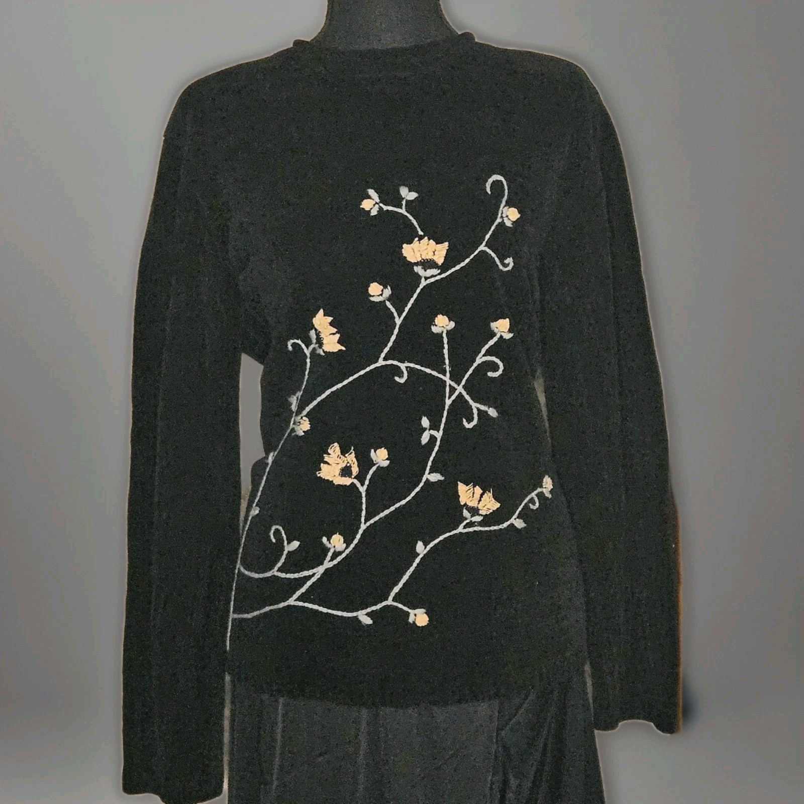 Whimsigoth Black Embroidered Chenille Sweater L Fairy Grunge Dark Cottagecore