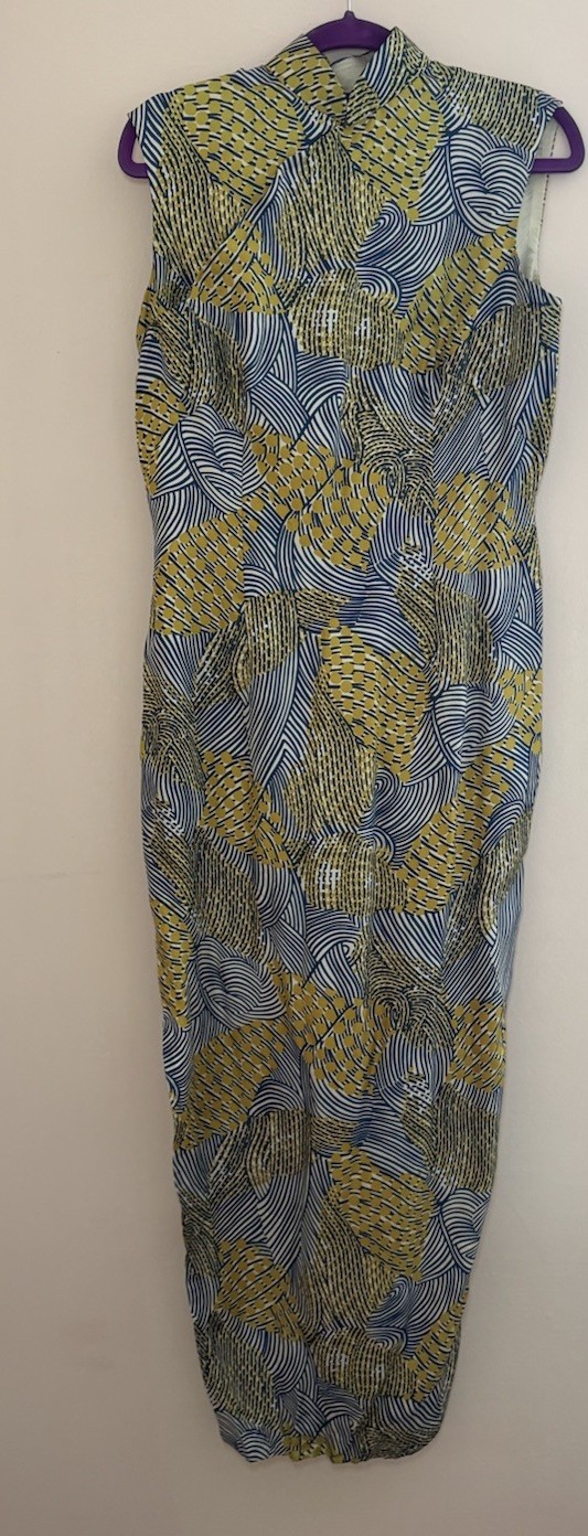 Vintage 50s or 60s Cheongsam Dress 100% Silk White And Blue w/Yellow Dots