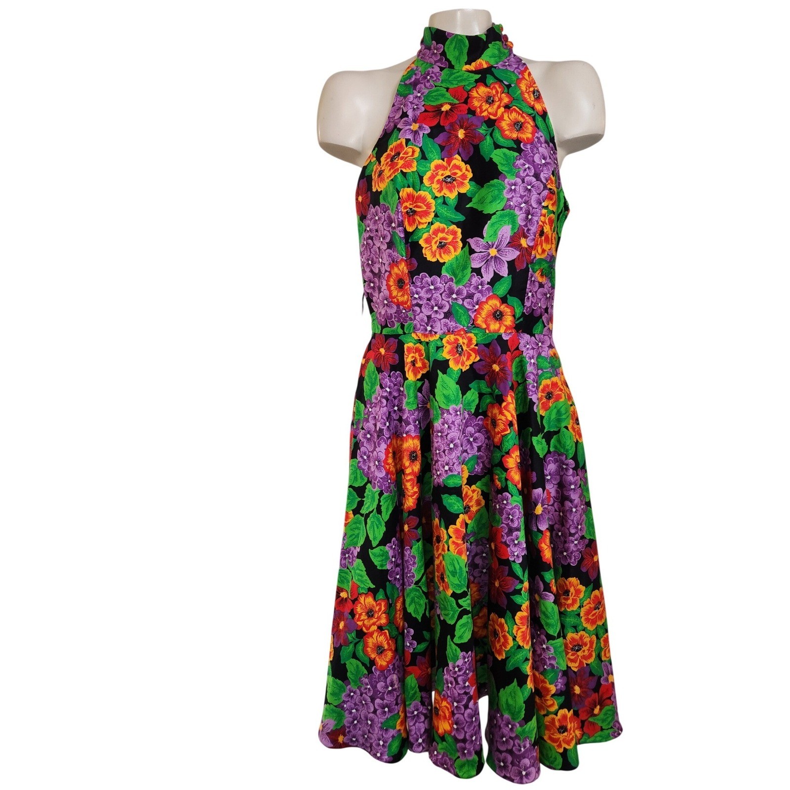 AJ Bari Vintage Halter Floral Dress Black Orange Purple Open Back Pockets 12