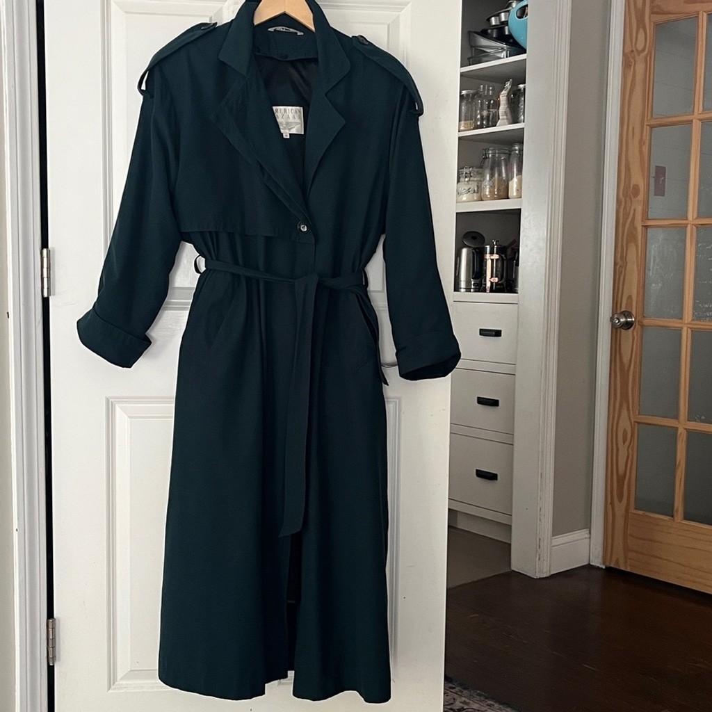 Dark Forest Green Vintage Full Length, Lined Trench Coat Sz 12