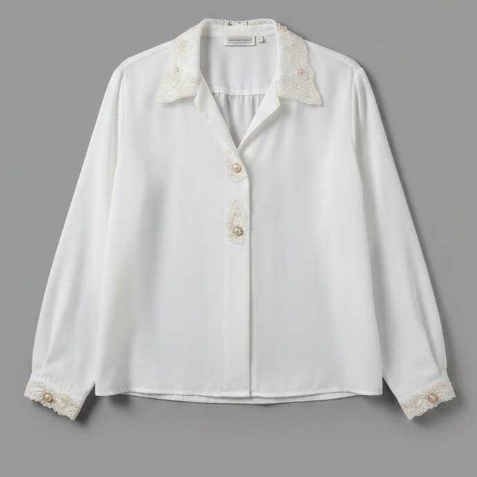 Impressions of California Vintage White Lace Pearl Button Blouse, Women’s Large