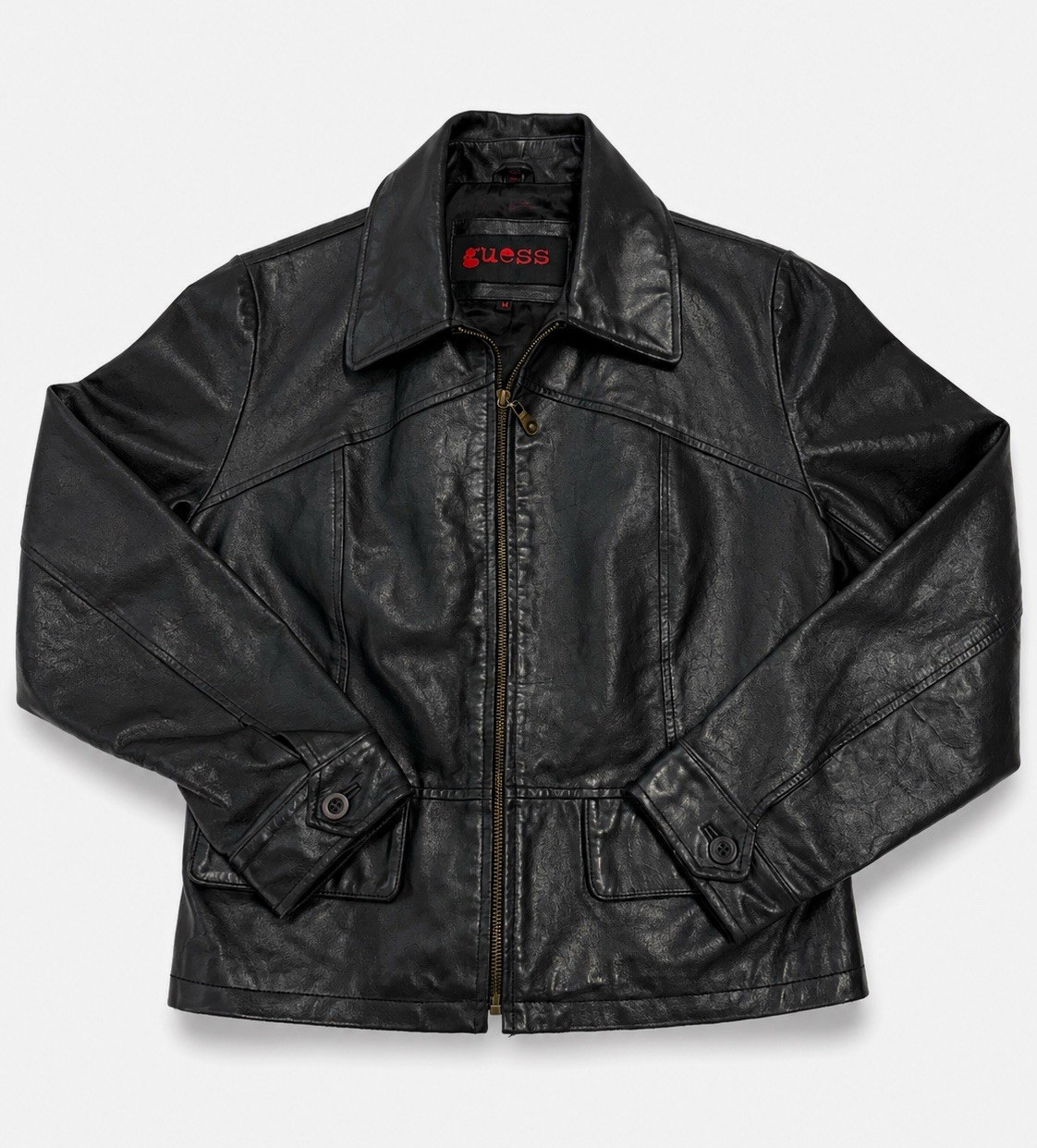 GUESS vintage 90s women’s Black Leather Full Zip Lined Short Biker Jacket Size M