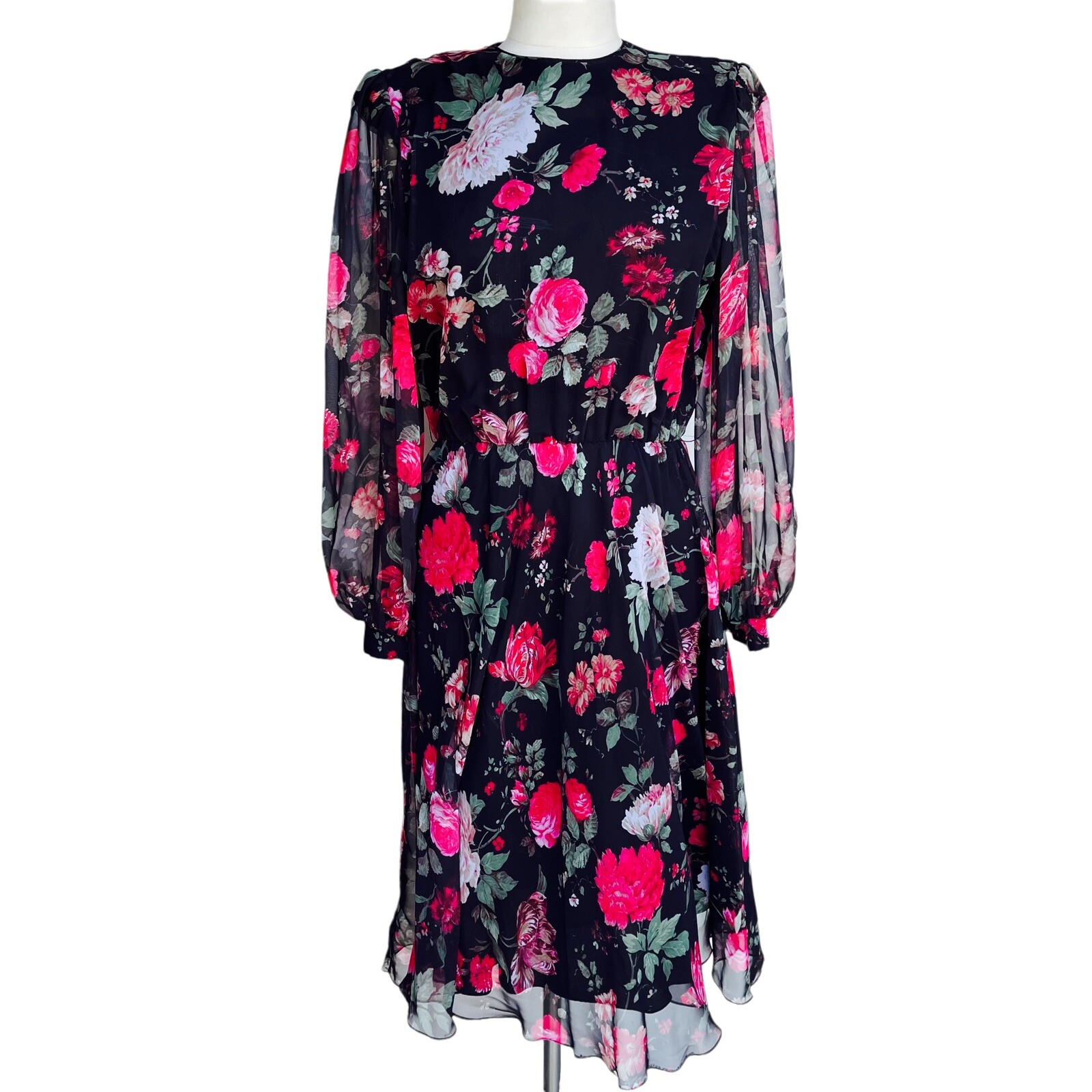 Vtg WILLI OF CALIFORNIA Rose Floral Sheer Midi Dress Size 12 Black Elastic Waist