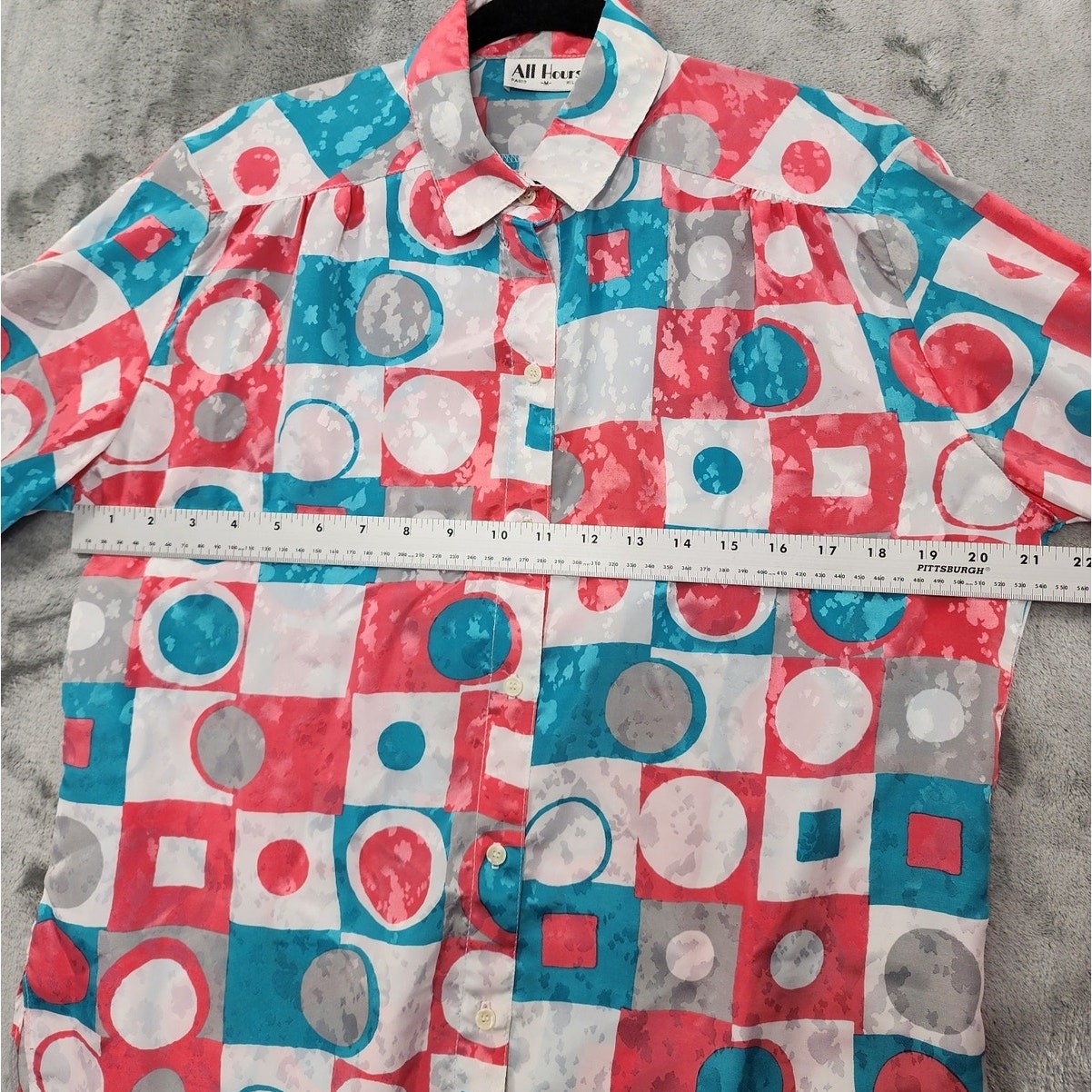 Vintage All Hours Top Womens M Pink Blue Geometric Silky Brocade Long Sleeve