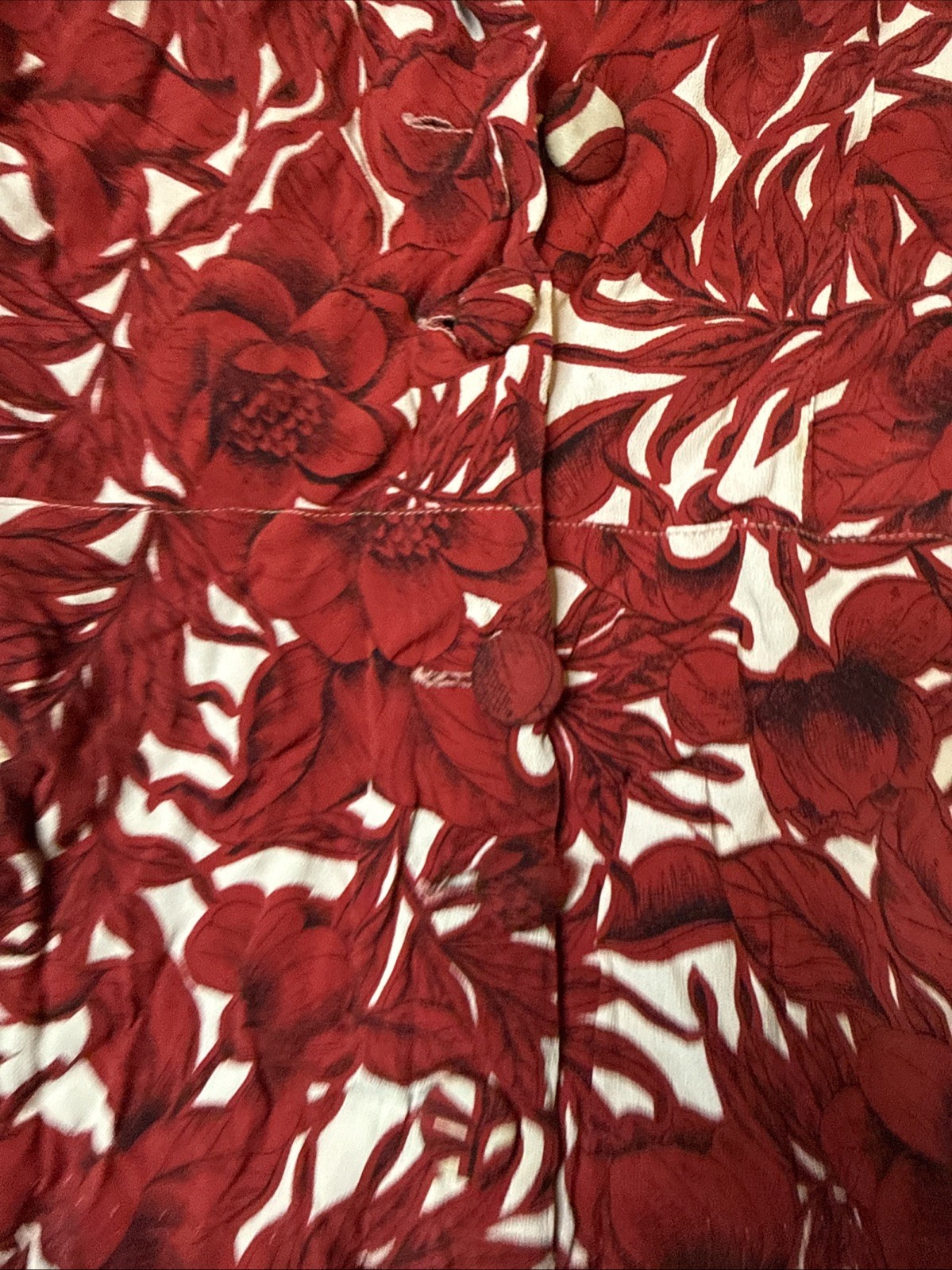 Antique 1930s Cranberry Floral Crepe Dress – Appliqué Netted Yoke – Back Buttons