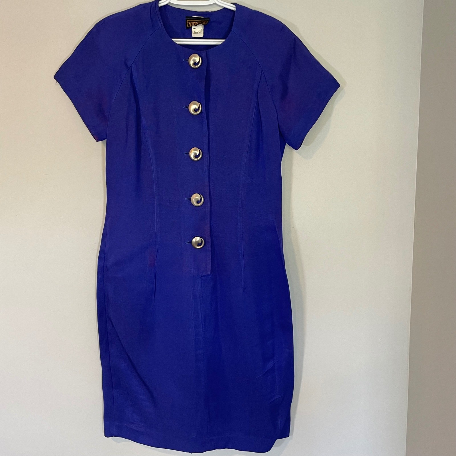 VTG Virgo II Cobalt Blue Shift Dress Silver Swirl Buttons Size 6 80s Secretary