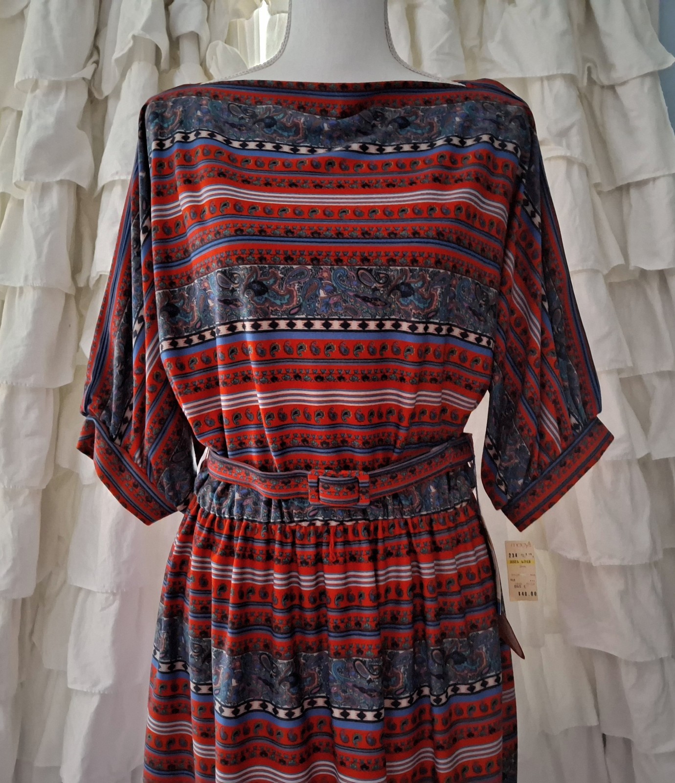 Lady Carol Dress NWT Vtg 16 Paisley Polyester Red Blue Boat Neck Belt
