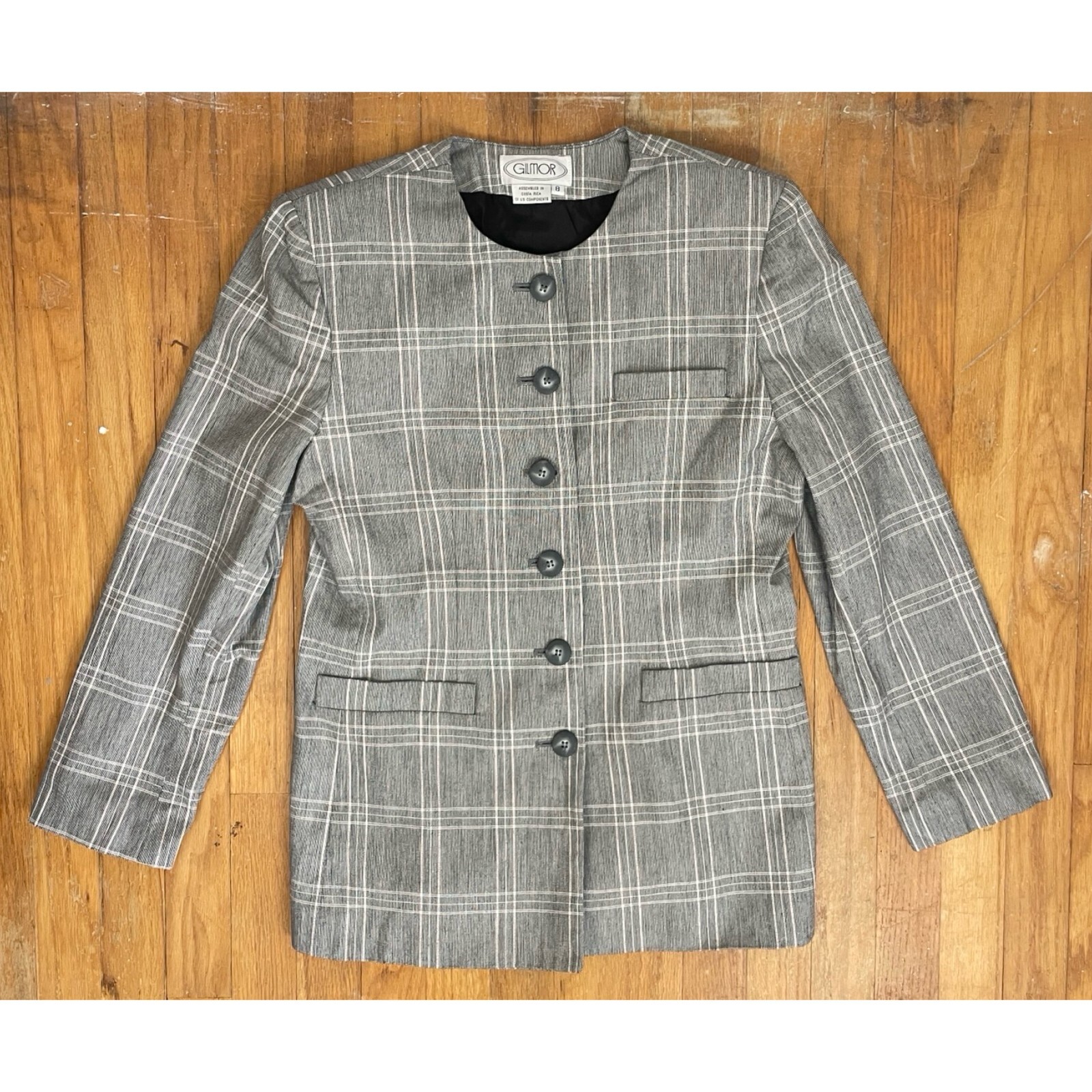 Vintage Glen Plaid Blazer Size Medium 80s Woven Suit Coat Jacket Black & White
