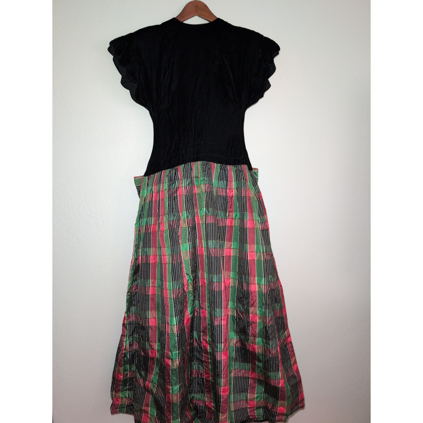 Vintage Party Lines by Domb Black Velvet Green/Pink Taffeta Dress Ball gown XXS