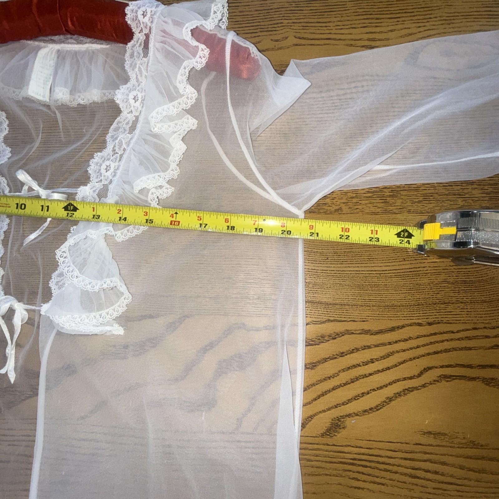 VTG Lorraine White Sheer Nylon Lace Collar Ruffle Sz S Peignoir Bridal Tie Front