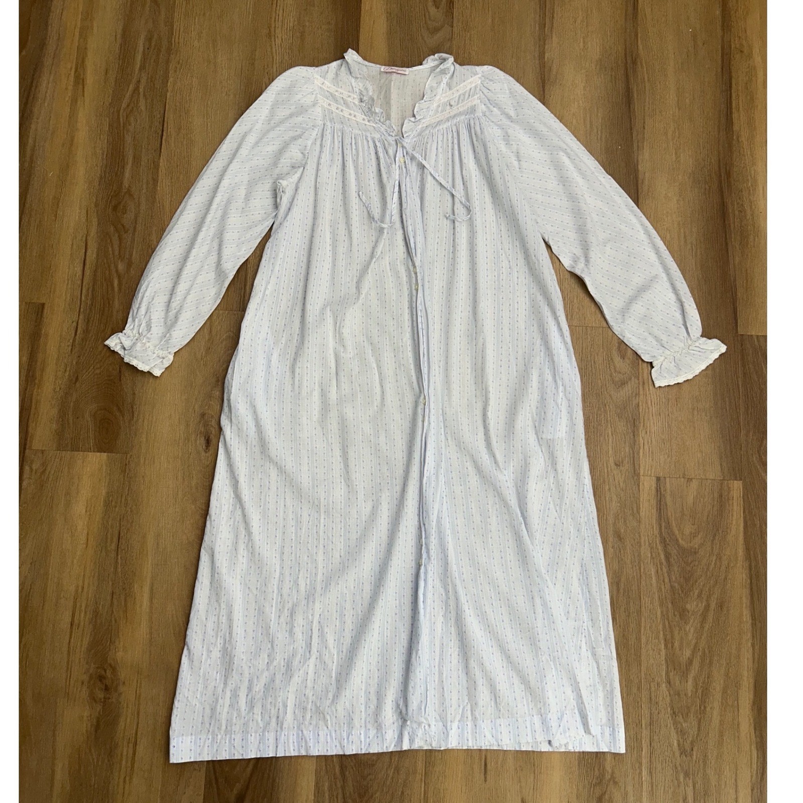 Brandywine Vtg Floral Stripe Nightgown Blue Purple Lace Ruffle cottage L