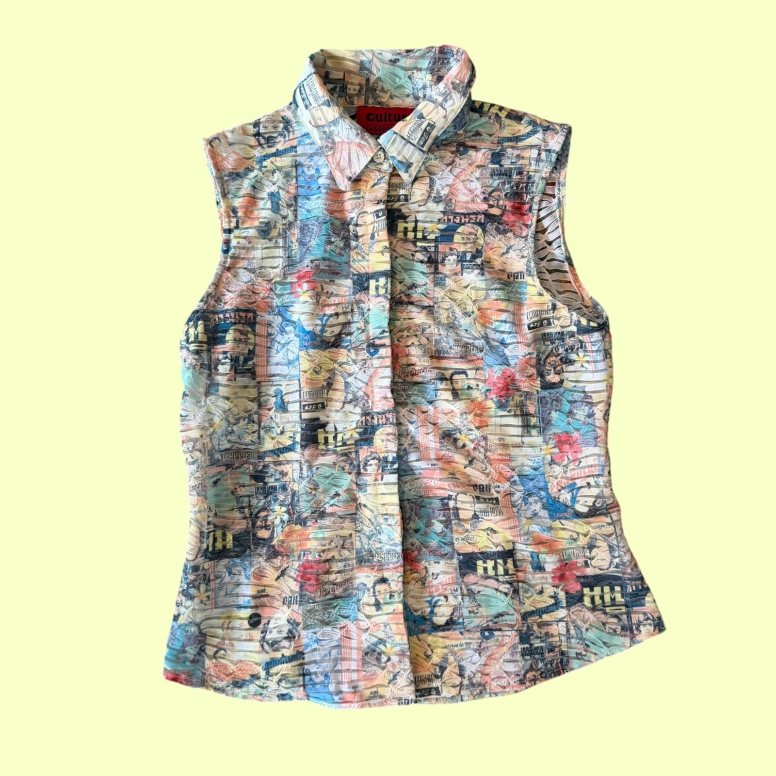 Culture by Krazy Larry Button Down Semi Sheer Sleeveless Pop Art Top S