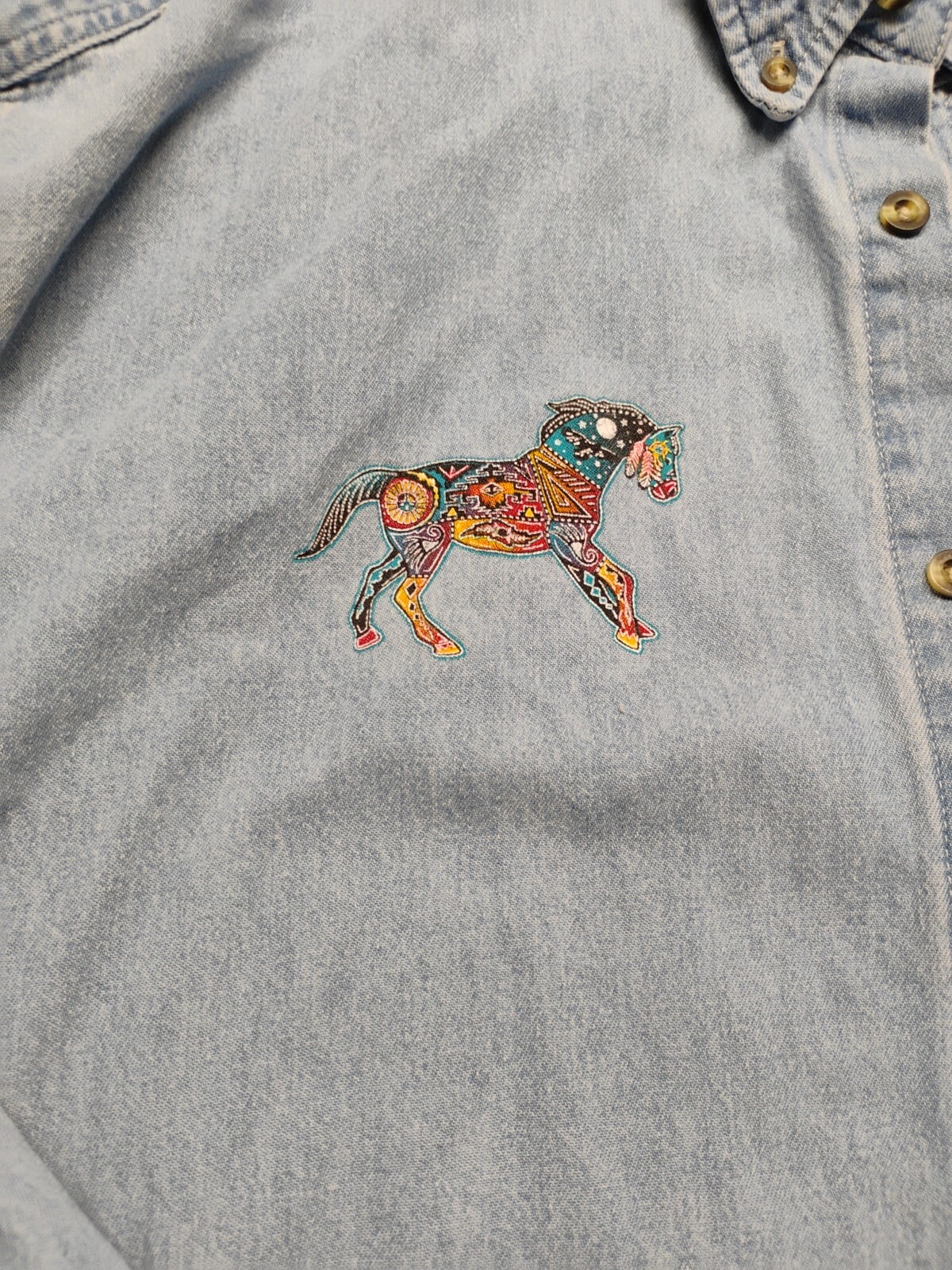 Horse Denim Shirt Adult XL Blue Equestrian Men Tribal Men 90s VINTAGE