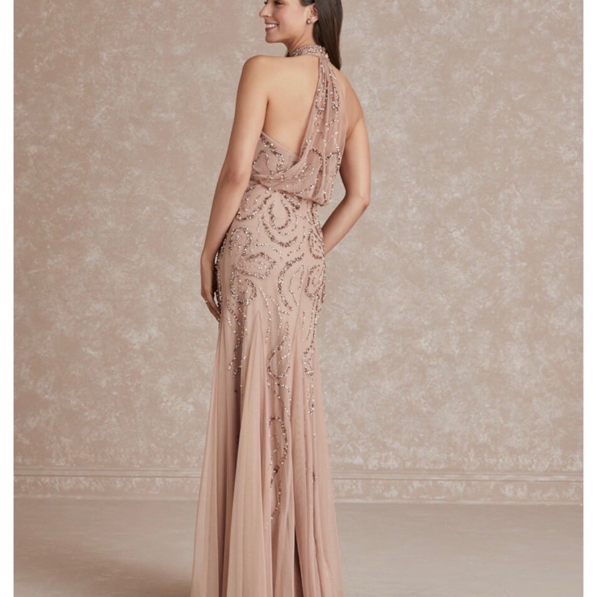Adrianna Papell Platinum Style No. 40284 Embellished Halter Neck Gown Taupe 12