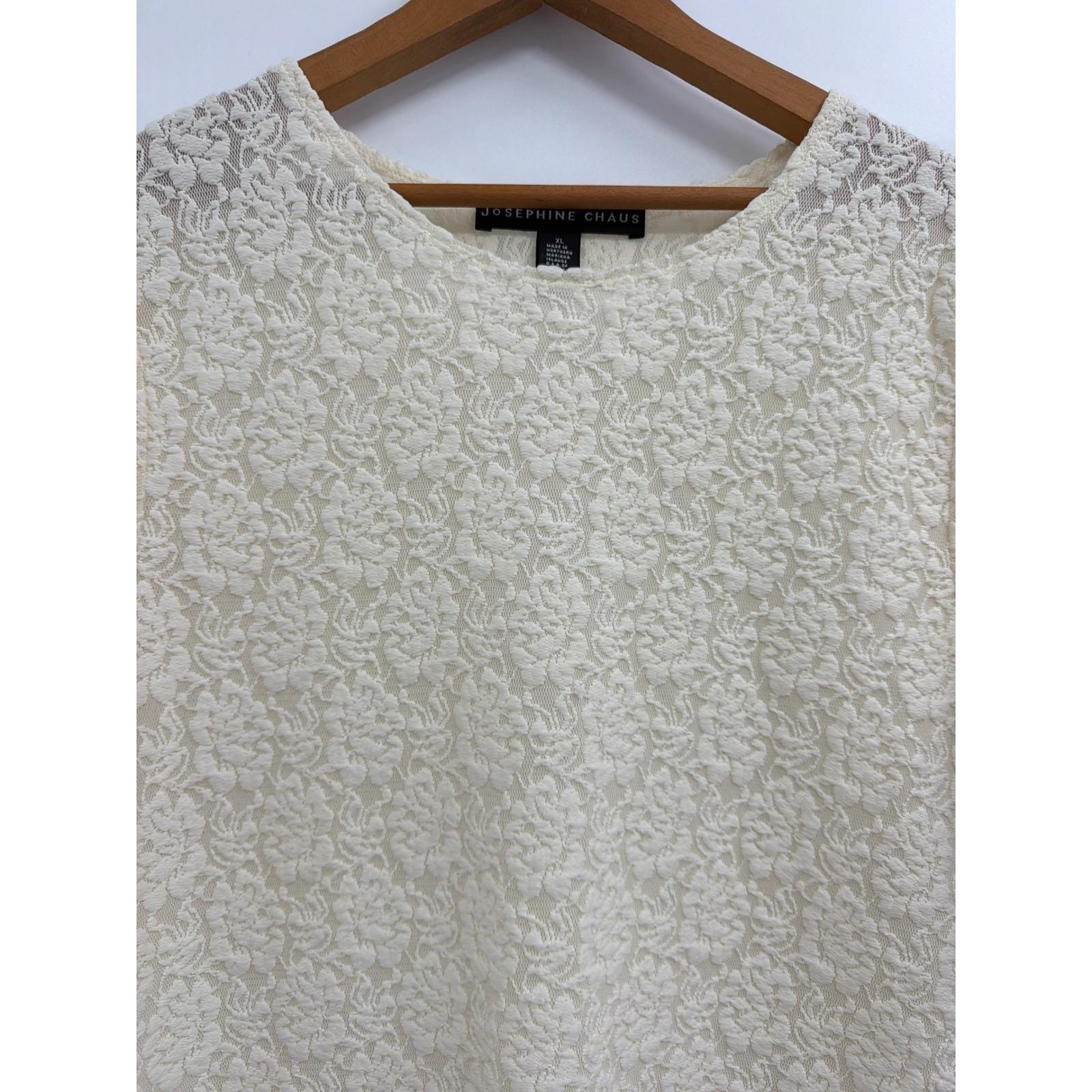 Vtg Josephine Chaus Cream Floral Lace Short Sleeve Blouse XL Cream Stretch Top