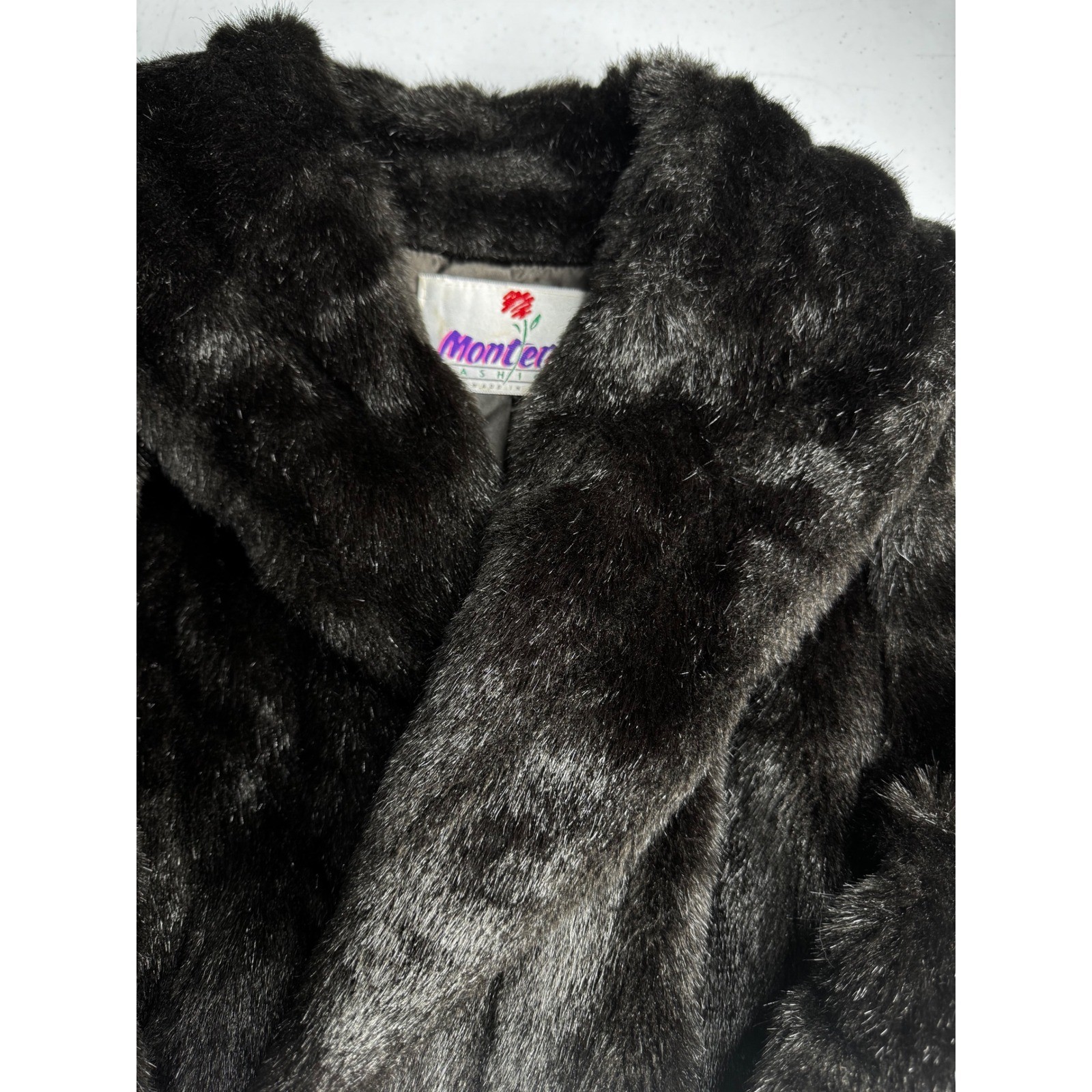 Vintage Monterey Fashions Faux Fur Coat Brown Silver Shawl Collar Size 16 USA