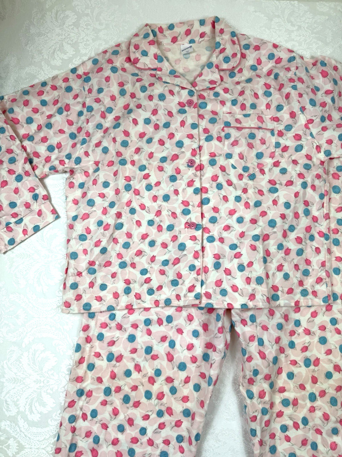 Vtg Kickaway 100% Cotton Flannel Pajamas Set Sz 42 L Floral Tulips Cottagecore