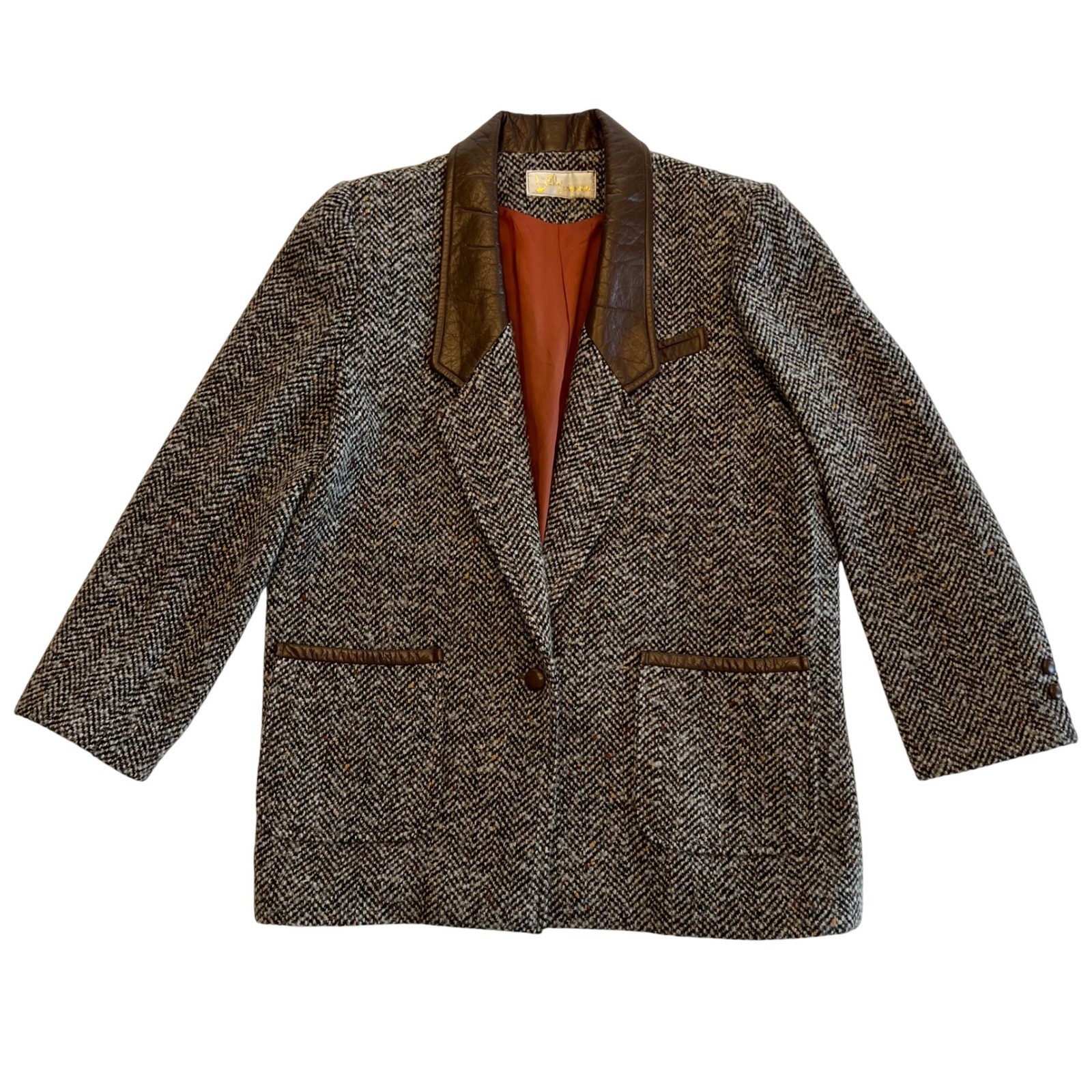 Lilly Fashion Women’s Vintage 80s Tweed Faux Leather Dark Academia Blazer Size M