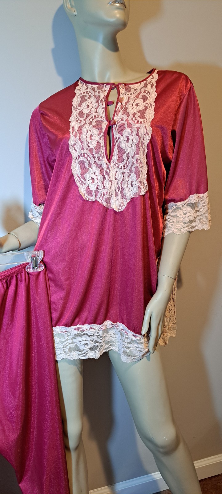 Maroon Wine Red Vtg Hostess Lounge Tunic Pajamas L Xl Beautiful Beige Lace Must