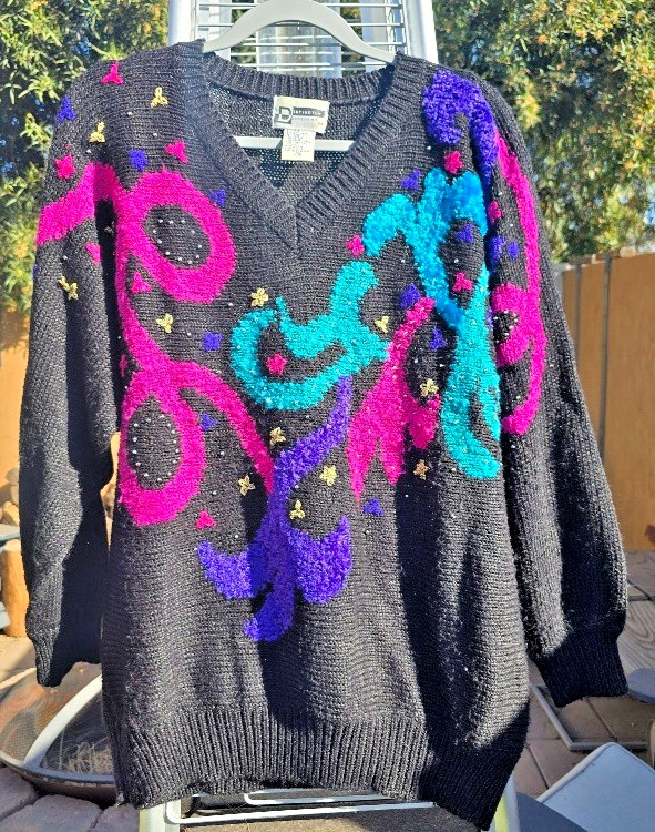 VTG Distinctly Different Sweater Black 80s 90s Abstract Neon Pink Teal Purple 3X