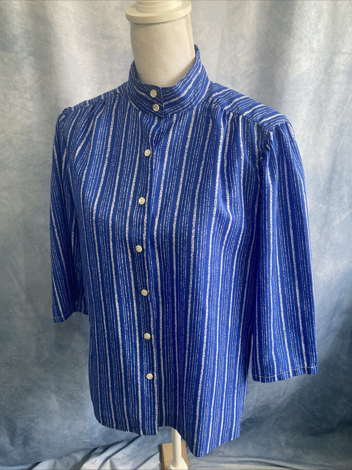 Vtg 70s rrrrruss Russ Togs Sz 14 Blue White Striped Puff Sleeve Blouse ILGWU EUC
