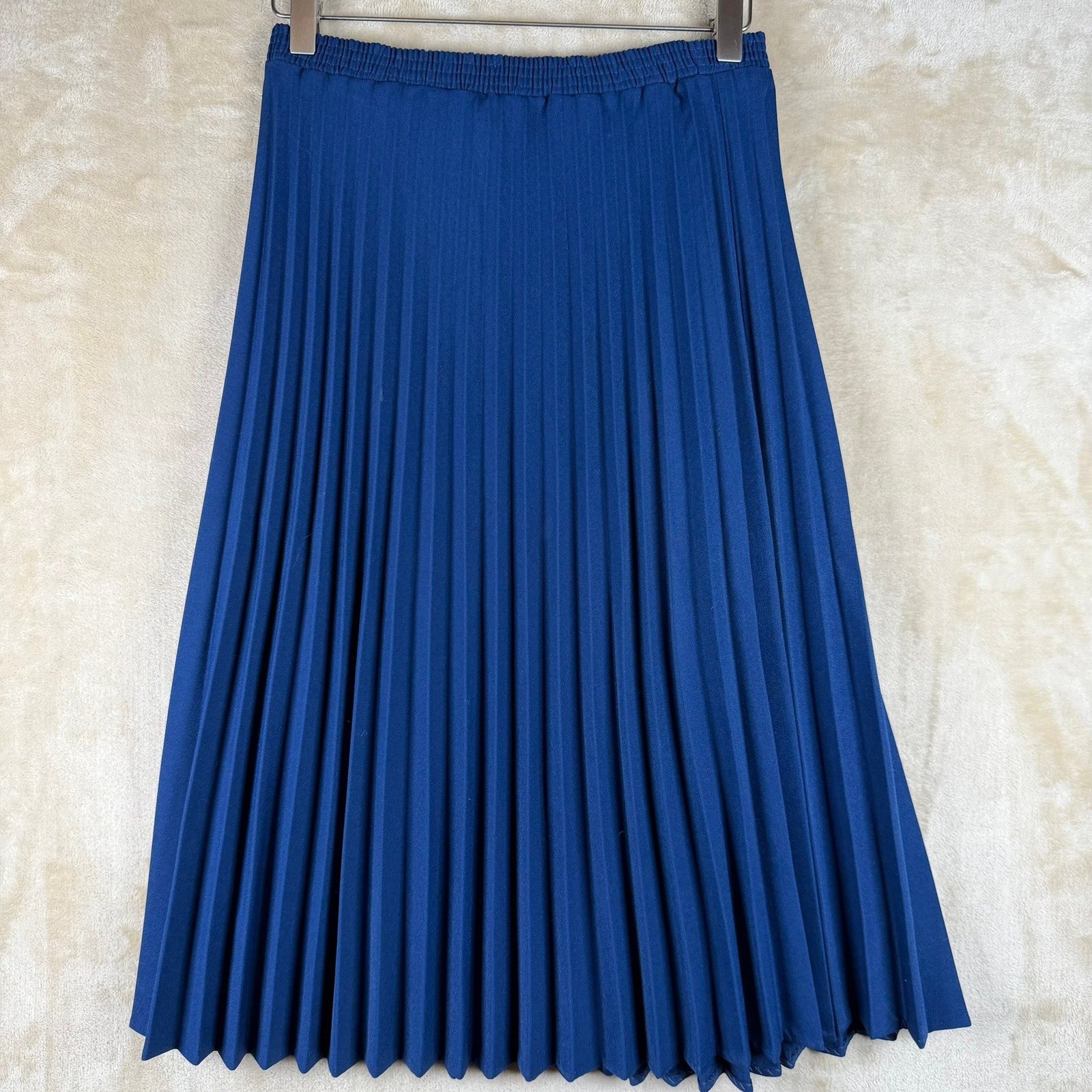 Vintage Women Sz 10 Royal Blue Knife Pleat Midi Skirt Elastic Waist Mod Classic