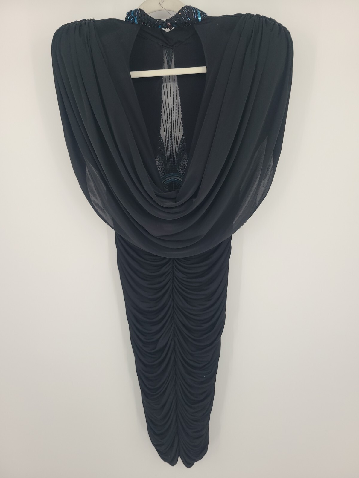 Vintage Eletra Casadei Black Curtain Draped Evening Gown Beaded, Sheer Bodice 10
