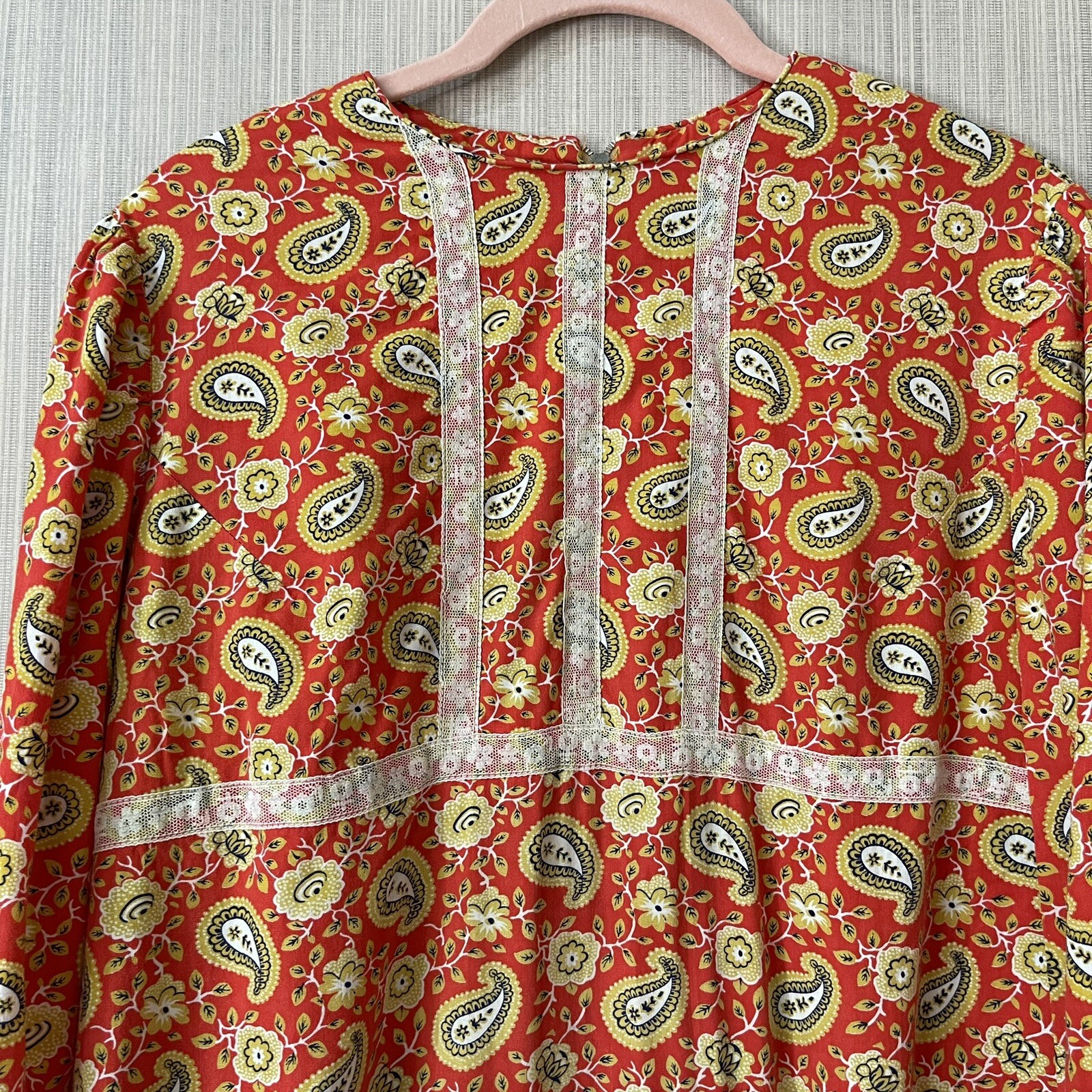 VTG 1970s Handmade Maxi Sheath Dress Orange Paisley Lace Trim Theater Sz S