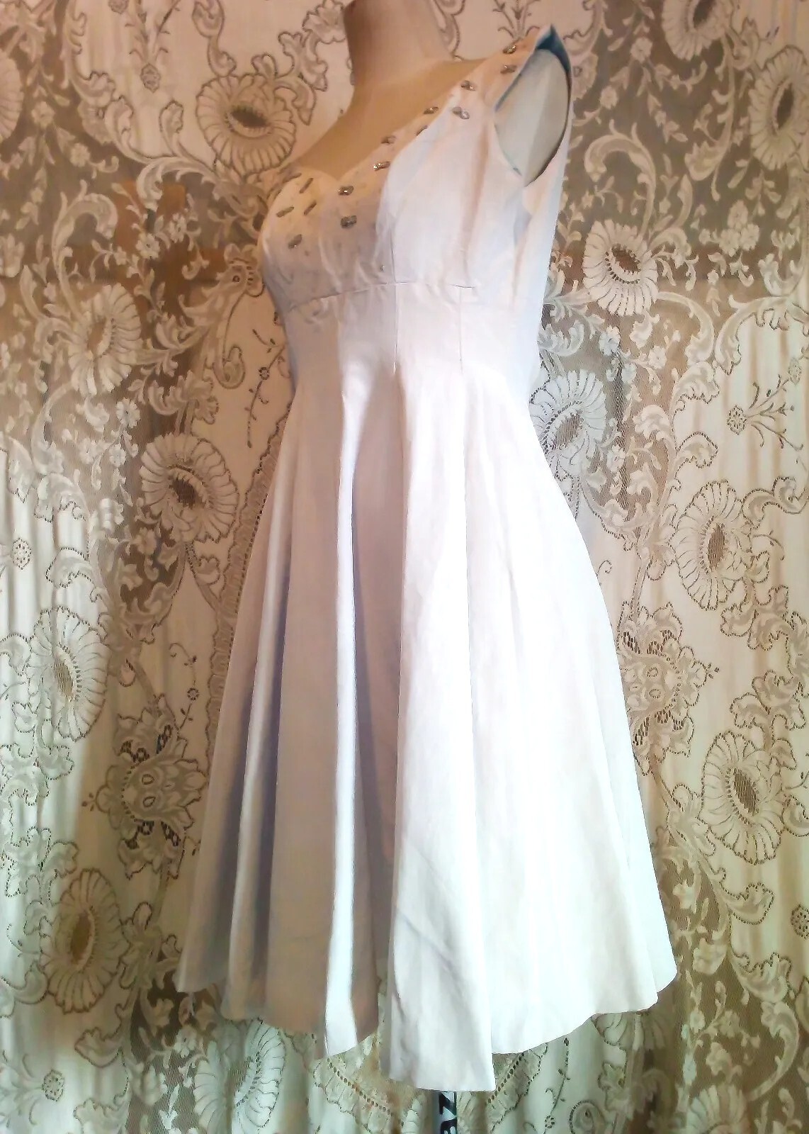 VTG 1950s Cocktail Dress Faille Fit To Flair w/ Full Circle Skirt Beaded Top XXS