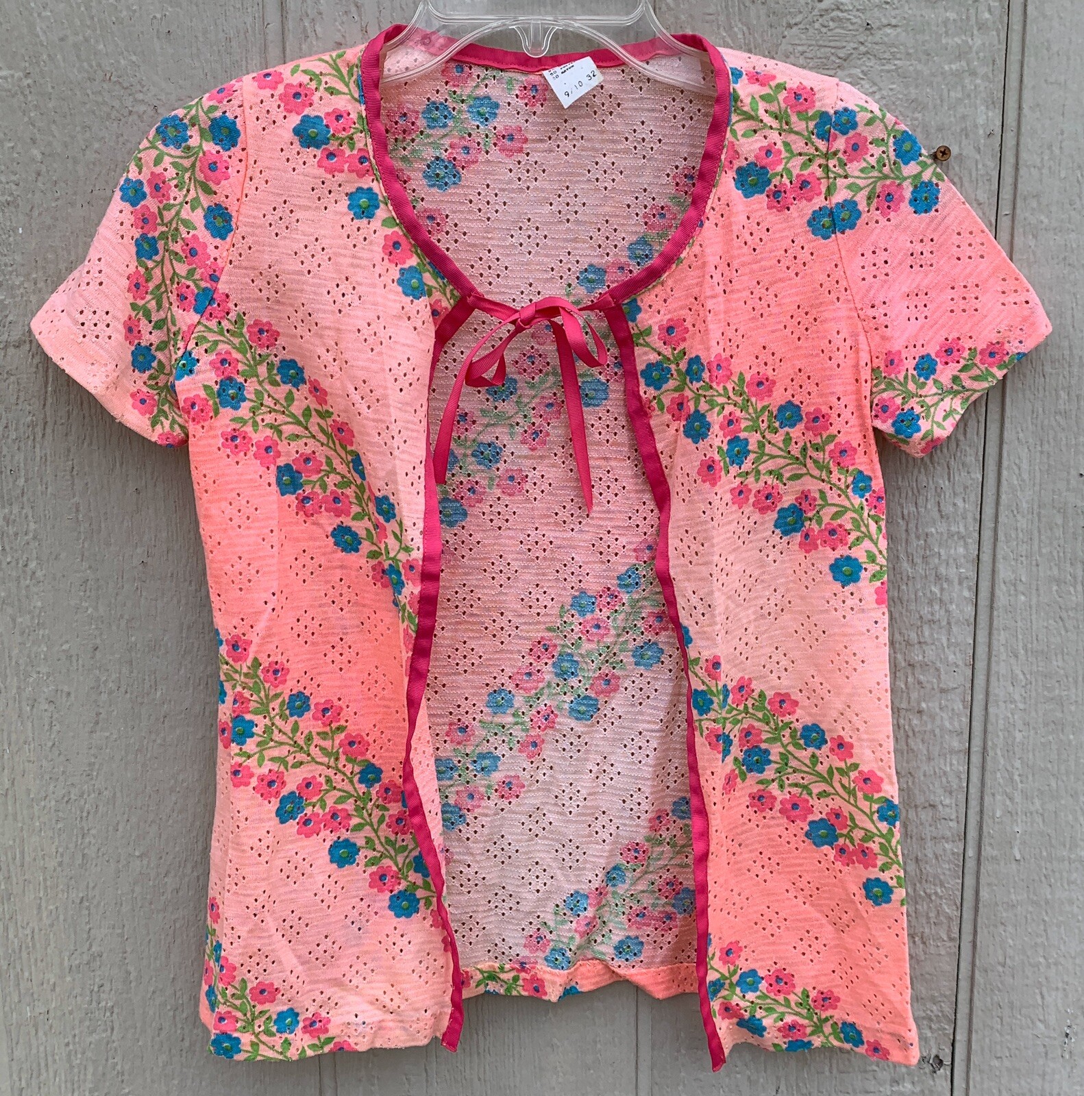 Vintage Tie Front Short Sleeve Top CoverUp Capri Beachwear Pink Floral 9/10 32