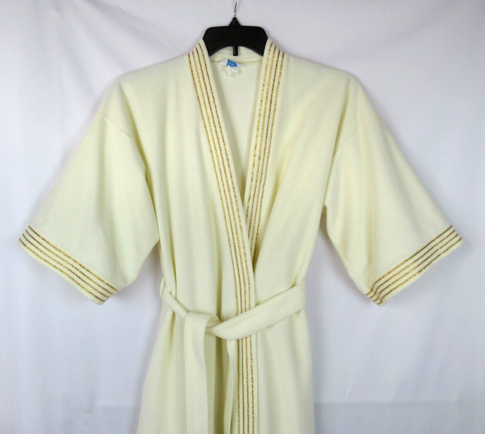 Vintage SEARS Cream Robe Gold Metallic Trim Belt SMALL 3/4 Sleeves At Home Wear